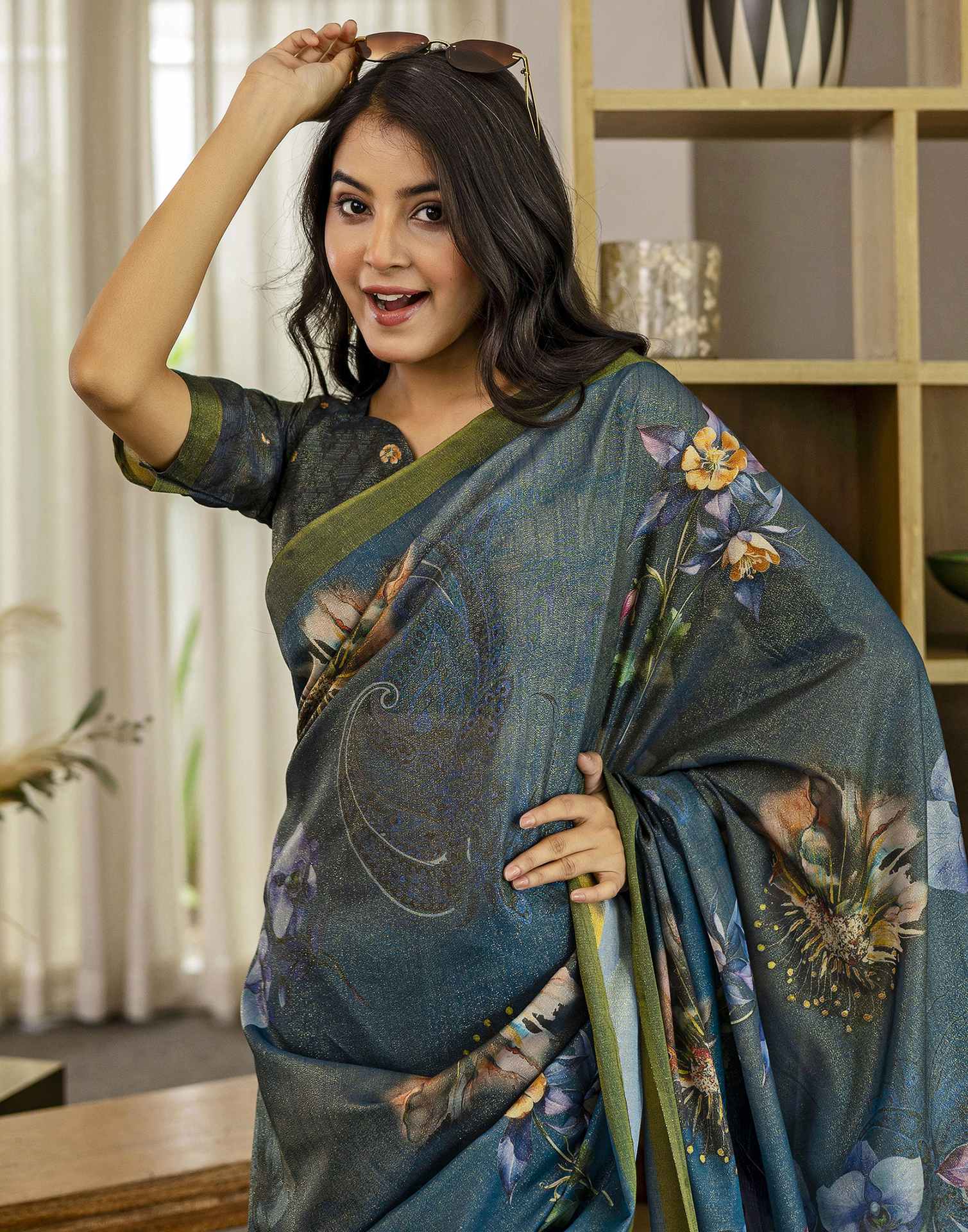 Rama Blue Shimmer Silk Floral Printed Saree