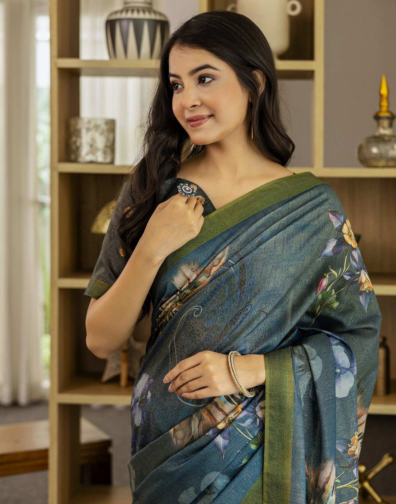 Rama Blue Shimmer Silk Floral Printed Saree