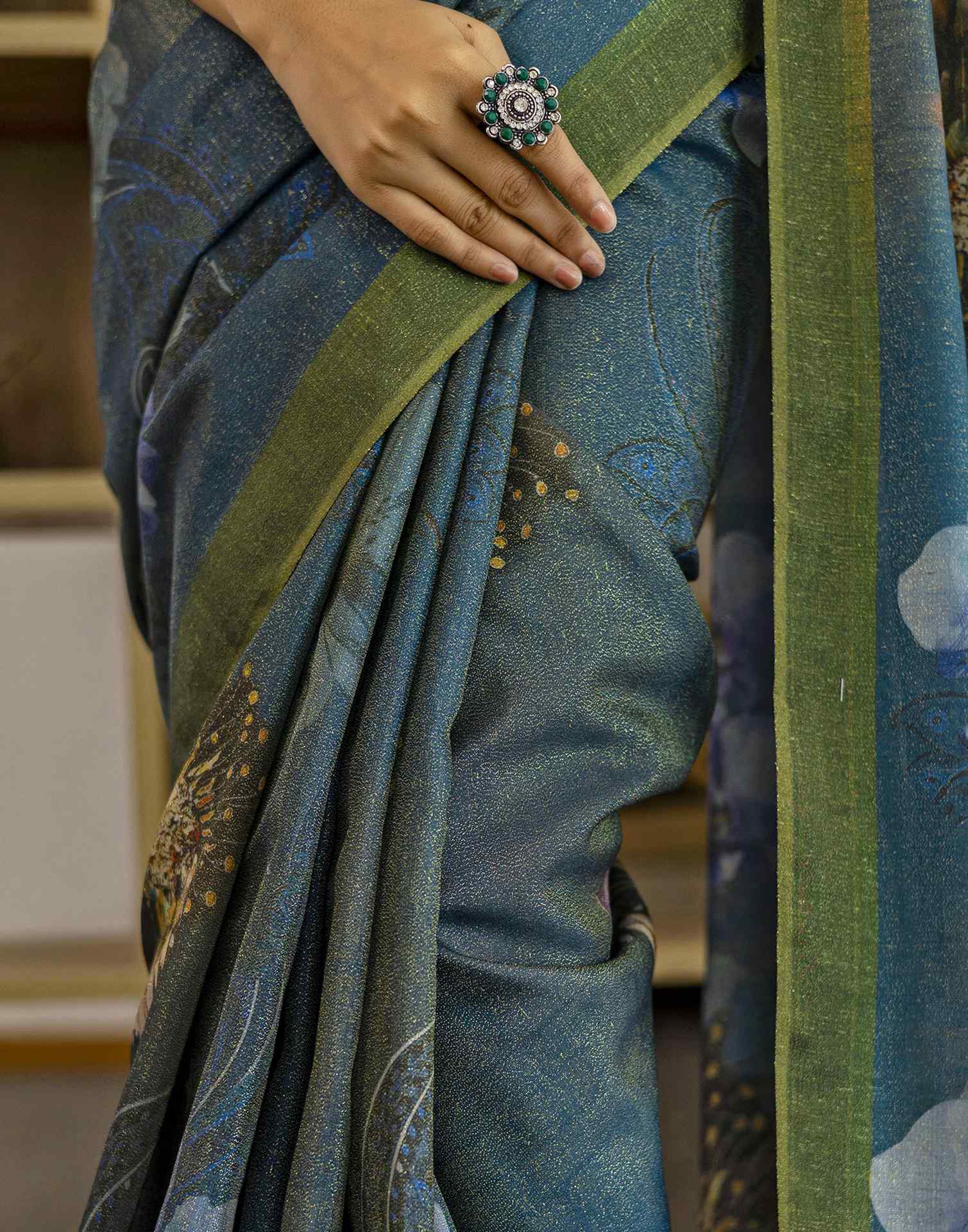 Rama Blue Shimmer Silk Floral Printed Saree