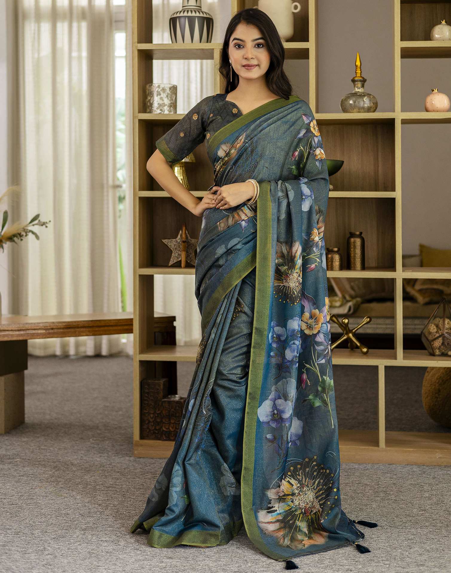 Rama Blue Shimmer Silk Floral Printed Saree