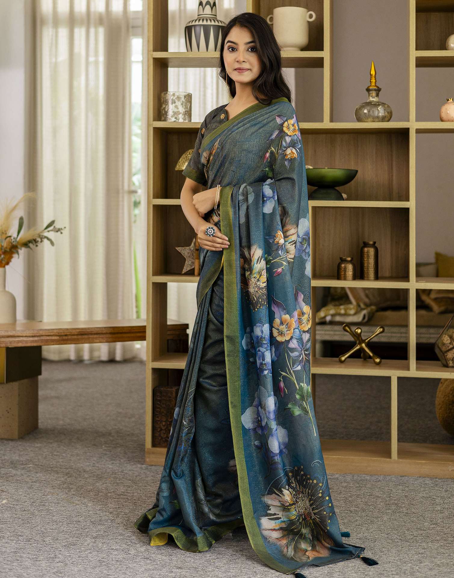 Rama Blue Shimmer Silk Floral Printed Saree