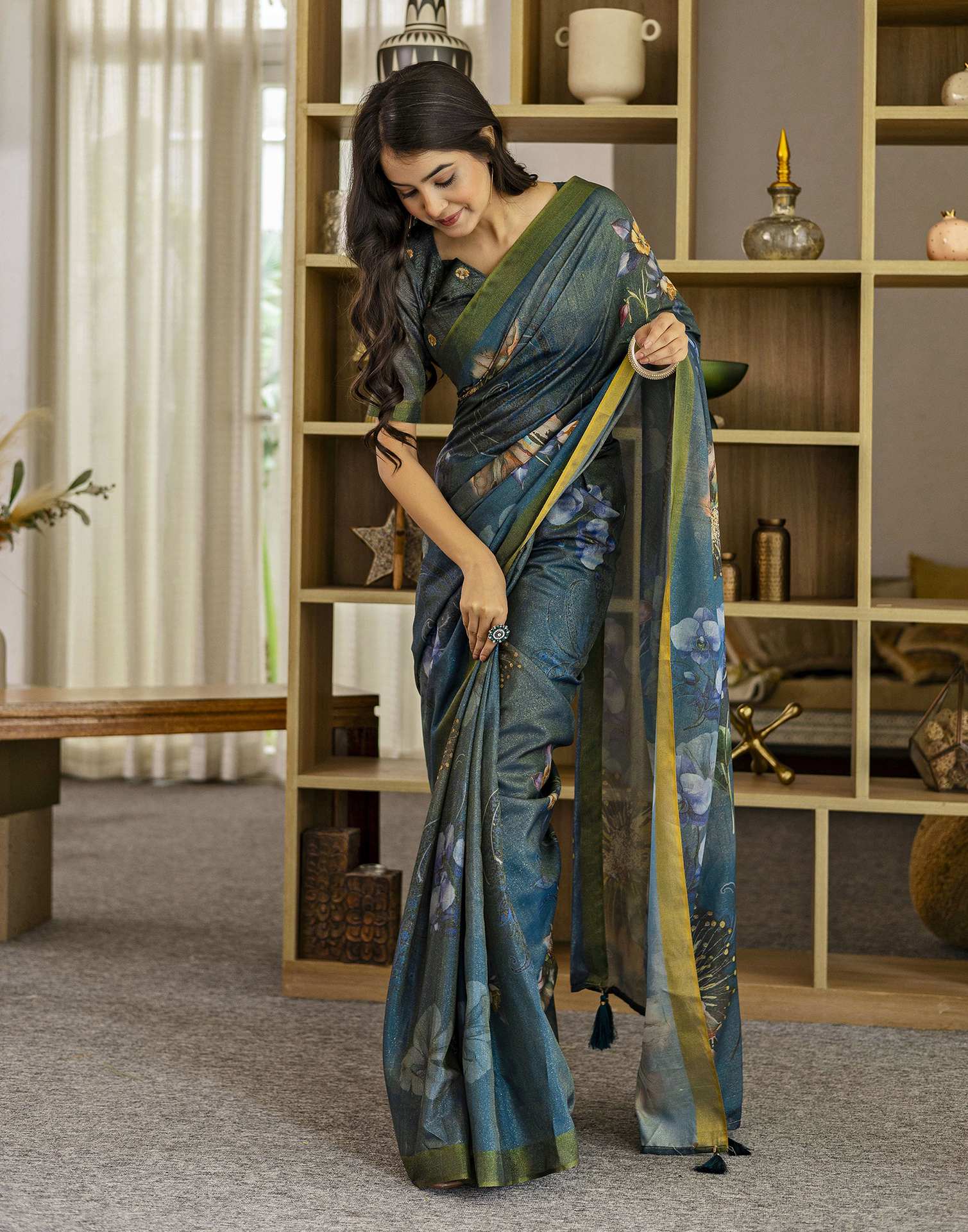 Rama Blue Shimmer Silk Floral Printed Saree