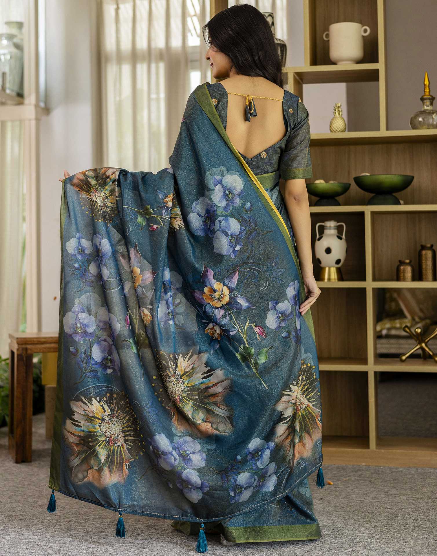 Rama Blue Shimmer Silk Floral Printed Saree