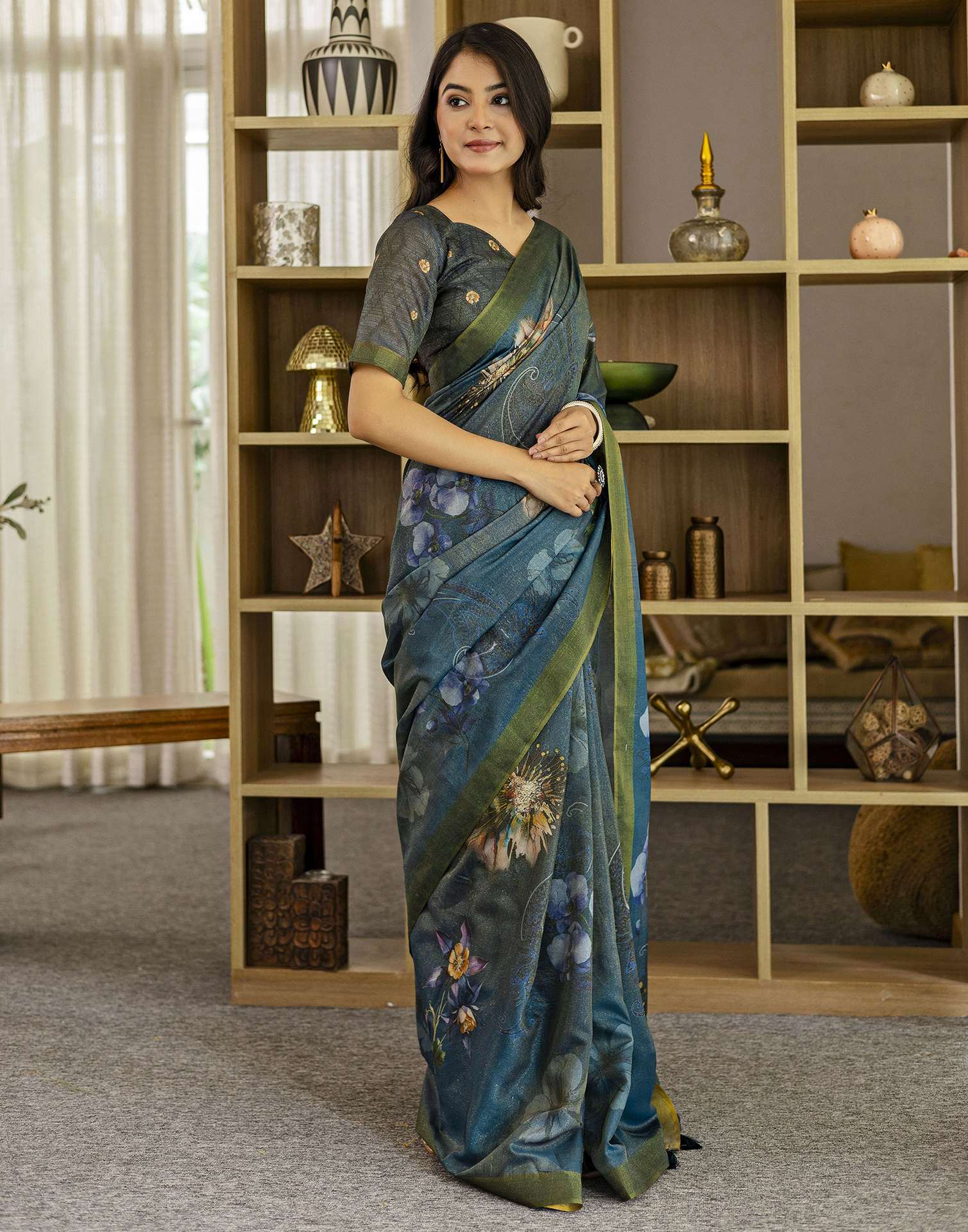Rama Blue Shimmer Silk Floral Printed Saree