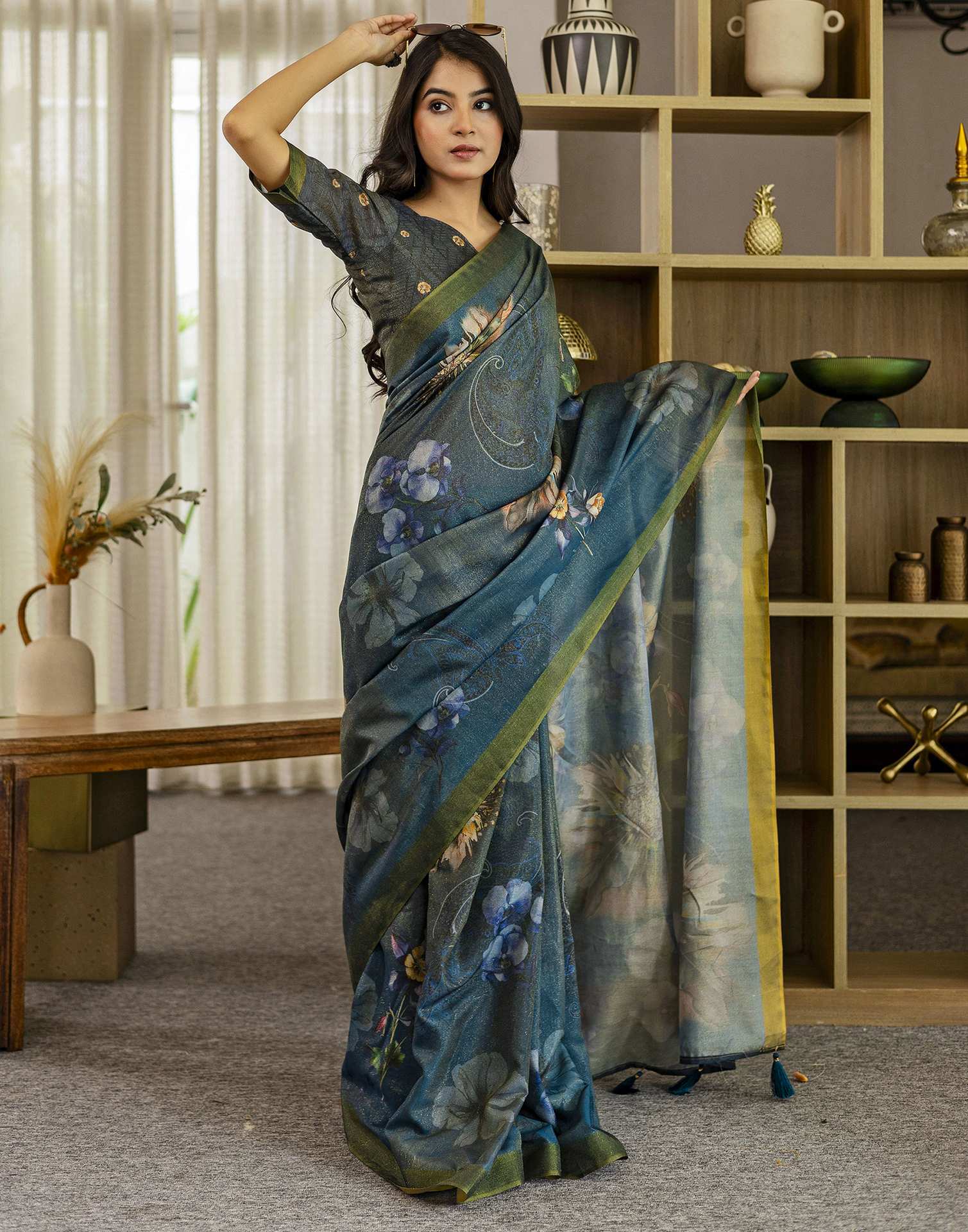 Rama Blue Shimmer Silk Floral Printed Saree
