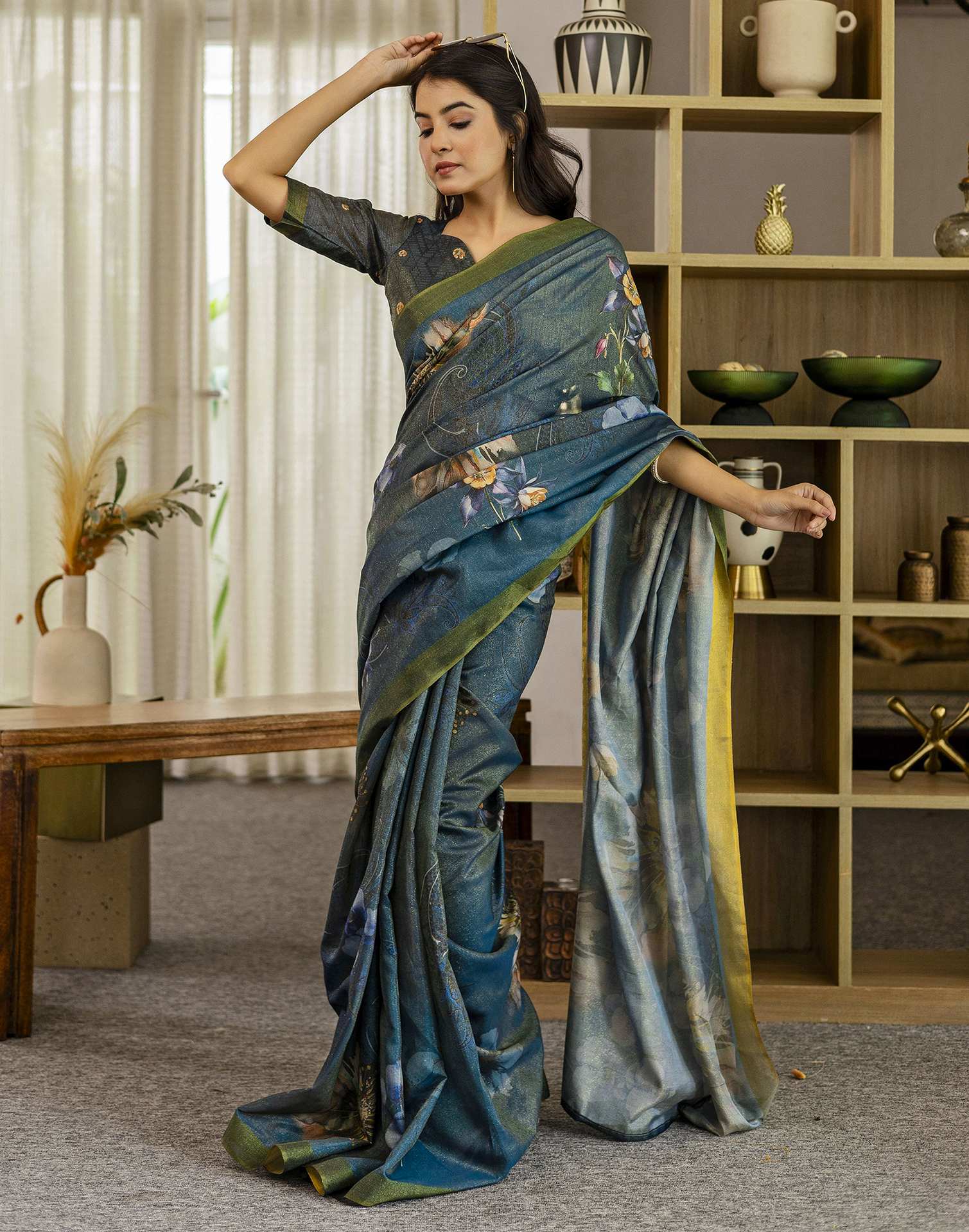 Rama Blue Shimmer Silk Floral Printed Saree