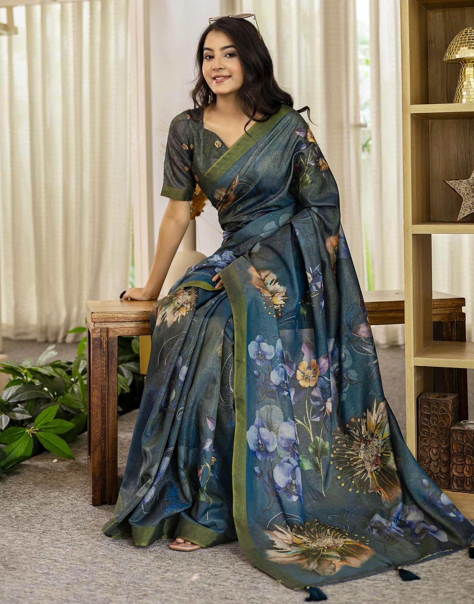 Rama Blue Shimmer Silk Floral Printed Saree