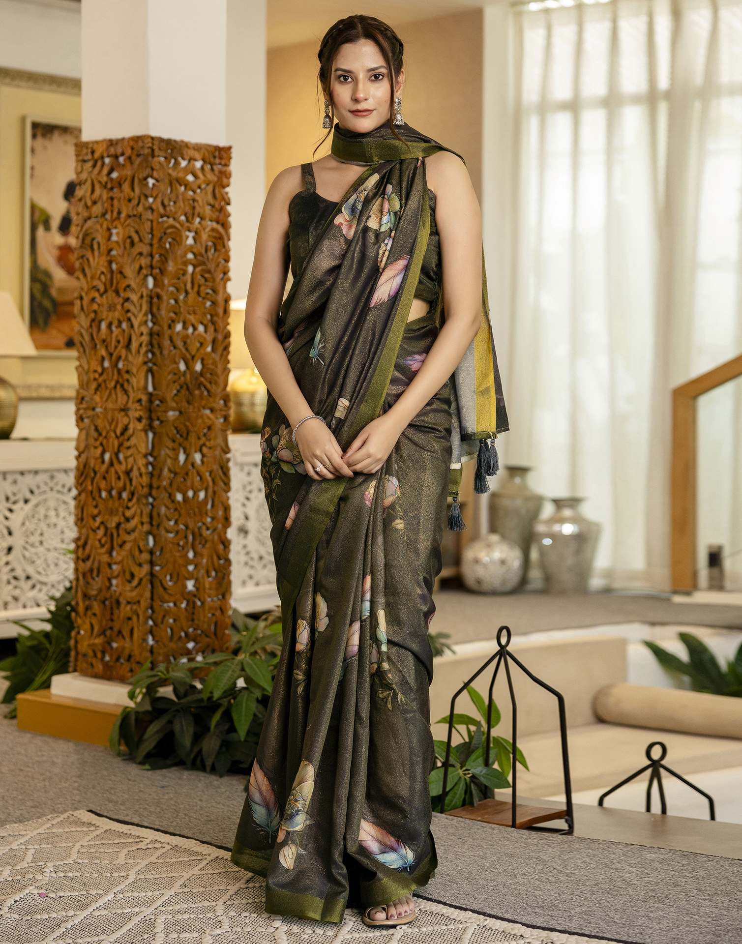 Dark Grey Shimmer Silk Floral Printed Saree