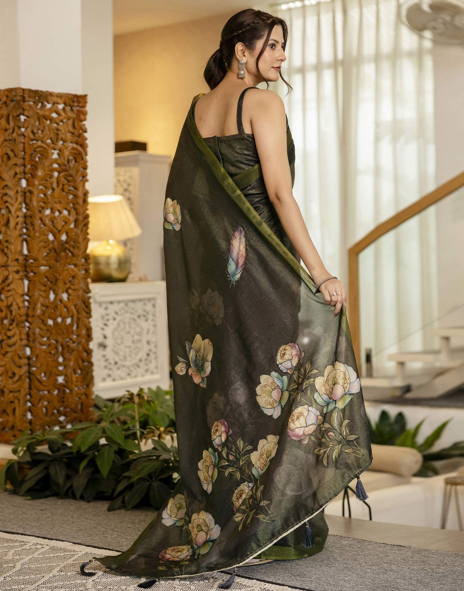Dark Grey Shimmer Silk Floral Printed Saree