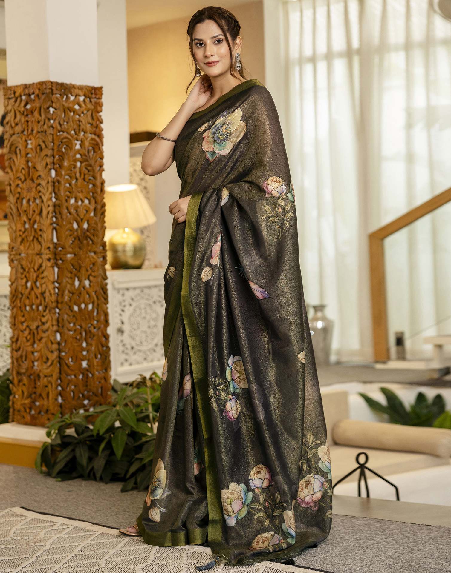 Dark Grey Shimmer Silk Floral Printed Saree