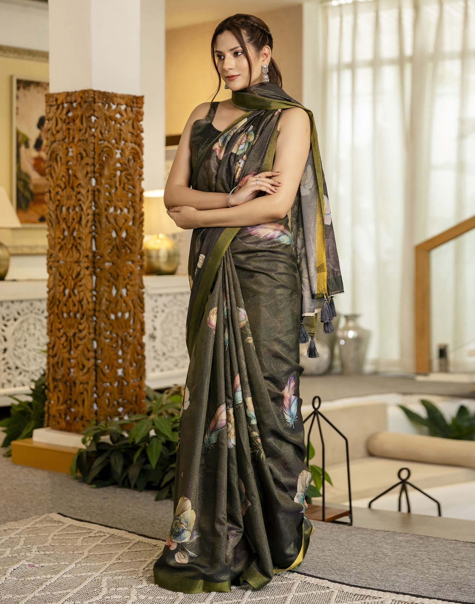 Dark Grey Shimmer Silk Floral Printed Saree