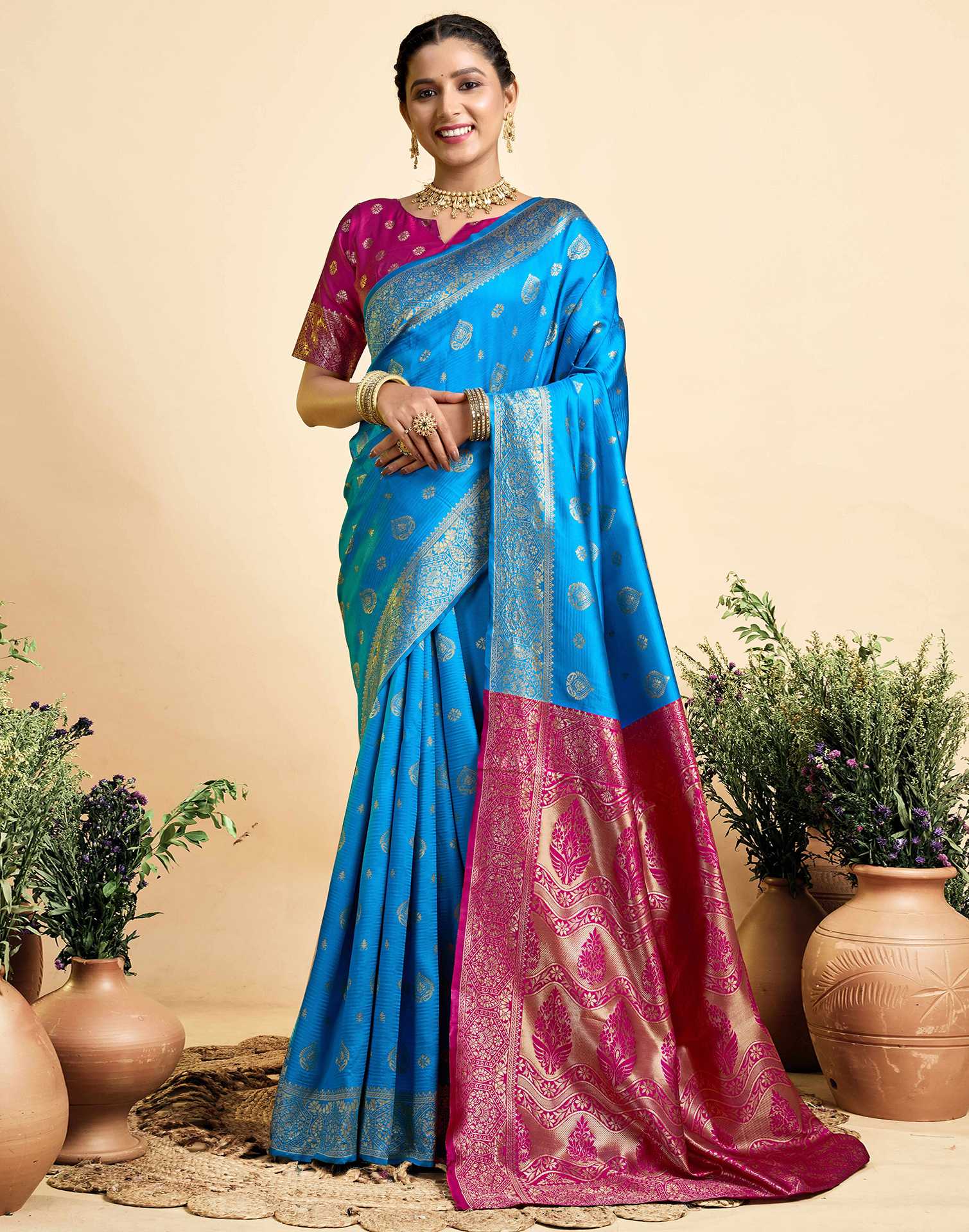 Teal Blue Silk Woven Banarasi Saree