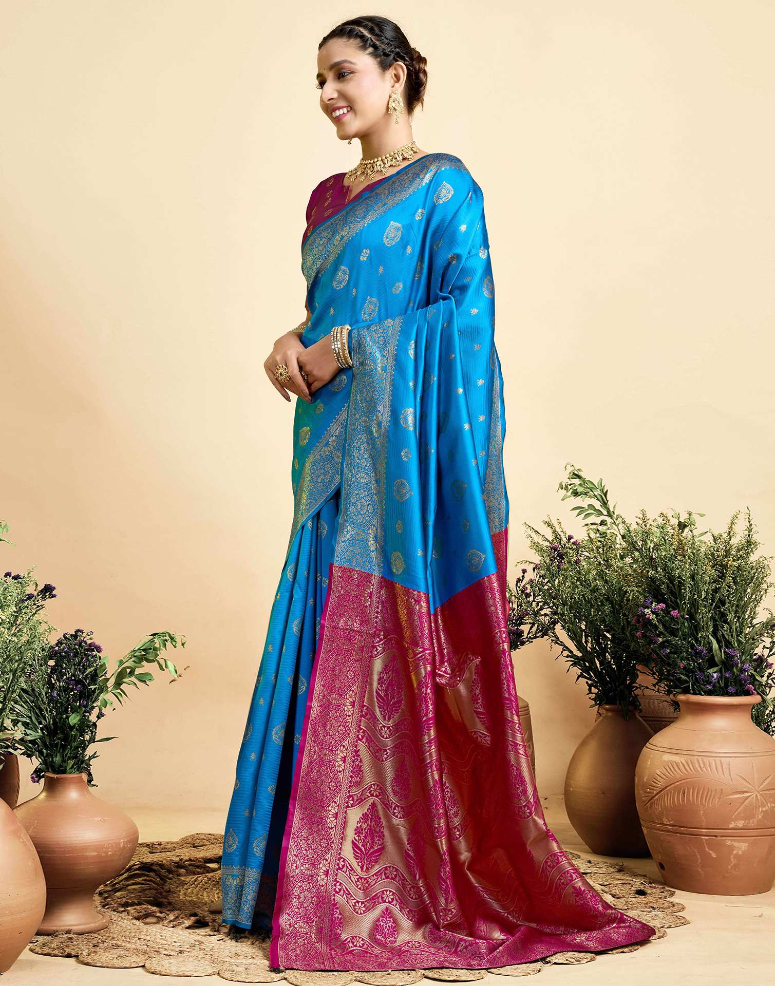 Teal Blue Silk Woven Banarasi Saree