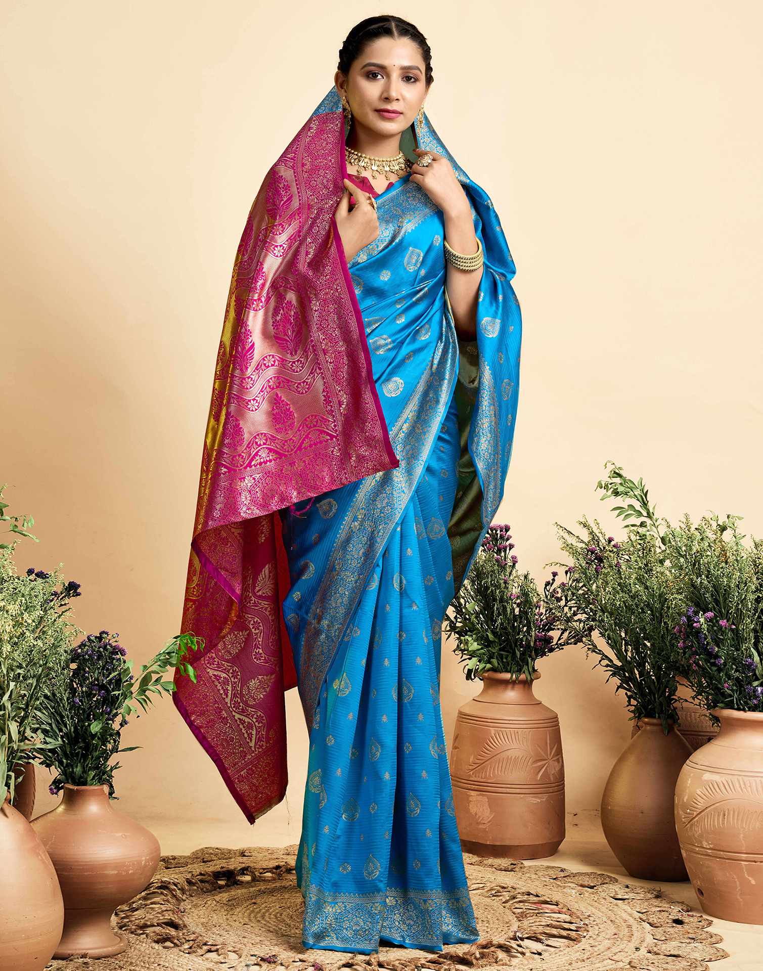 Teal Blue Silk Woven Banarasi Saree