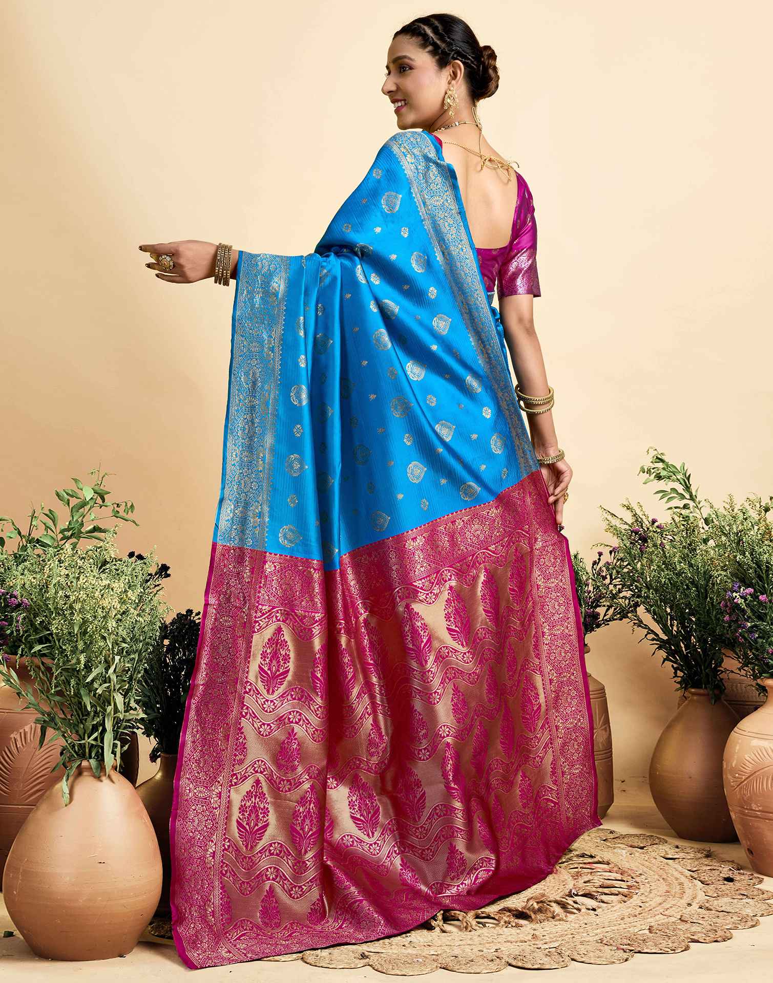 Teal Blue Silk Woven Banarasi Saree