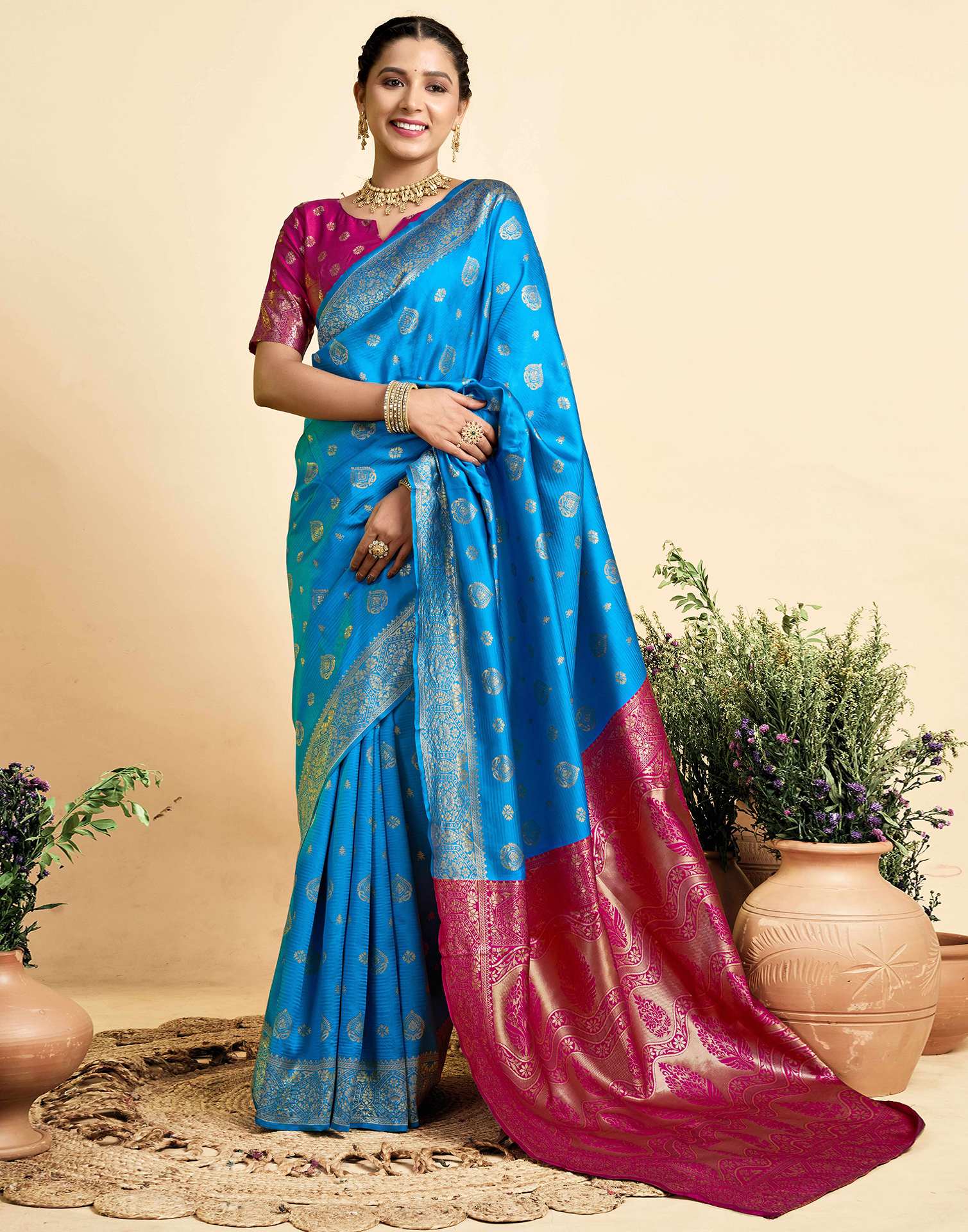 Teal Blue Silk Woven Banarasi Saree
