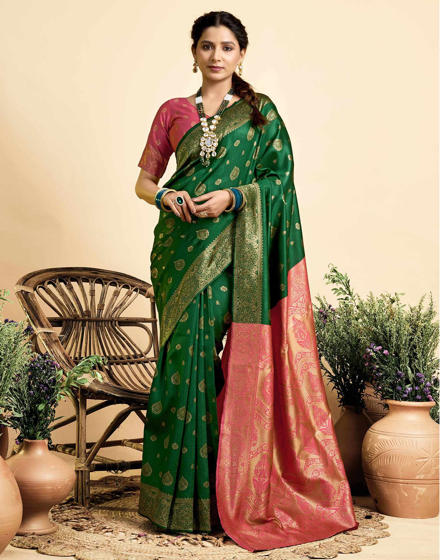 Dark Green Silk Woven Banarasi Saree