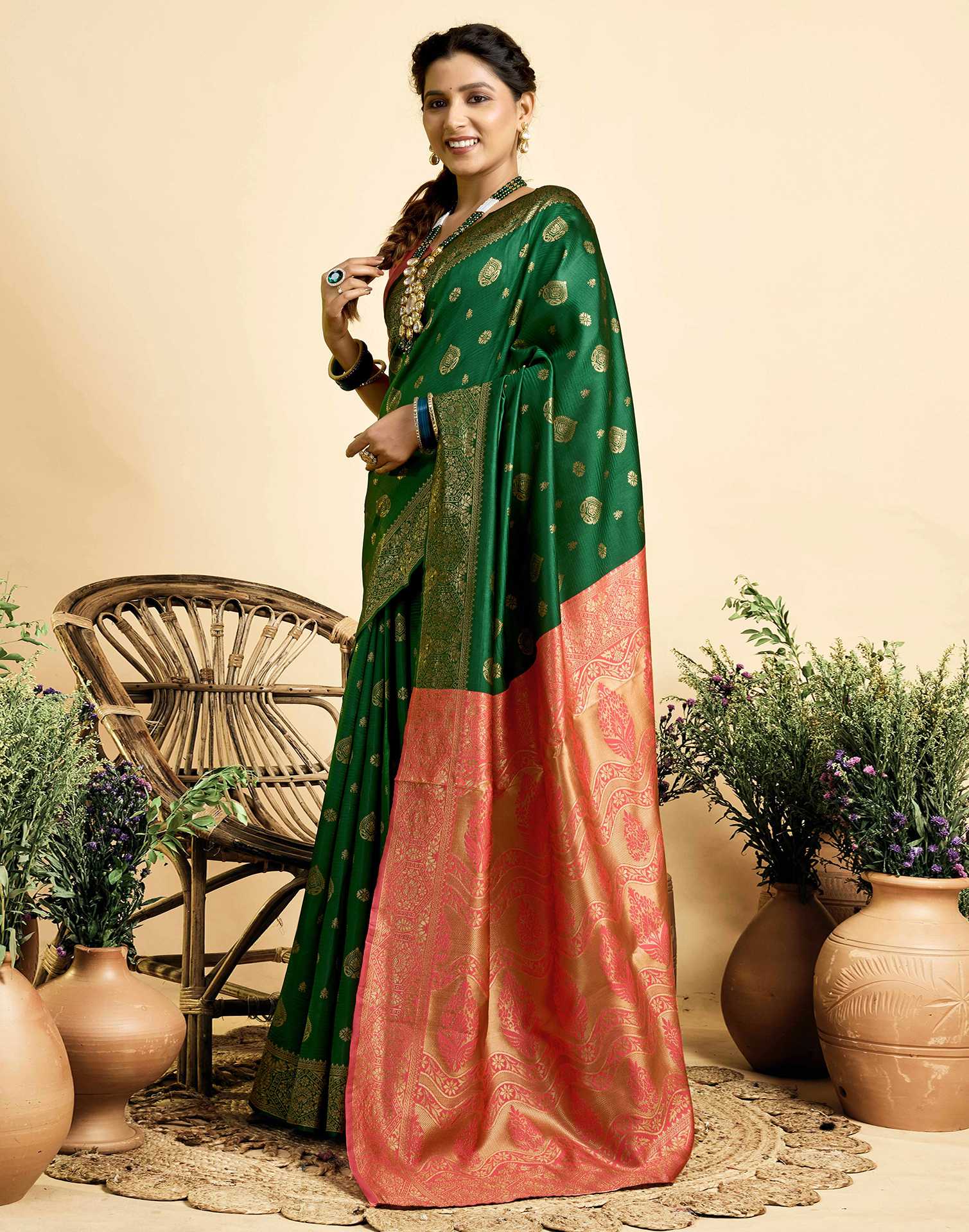Dark Green Silk Woven Banarasi Saree