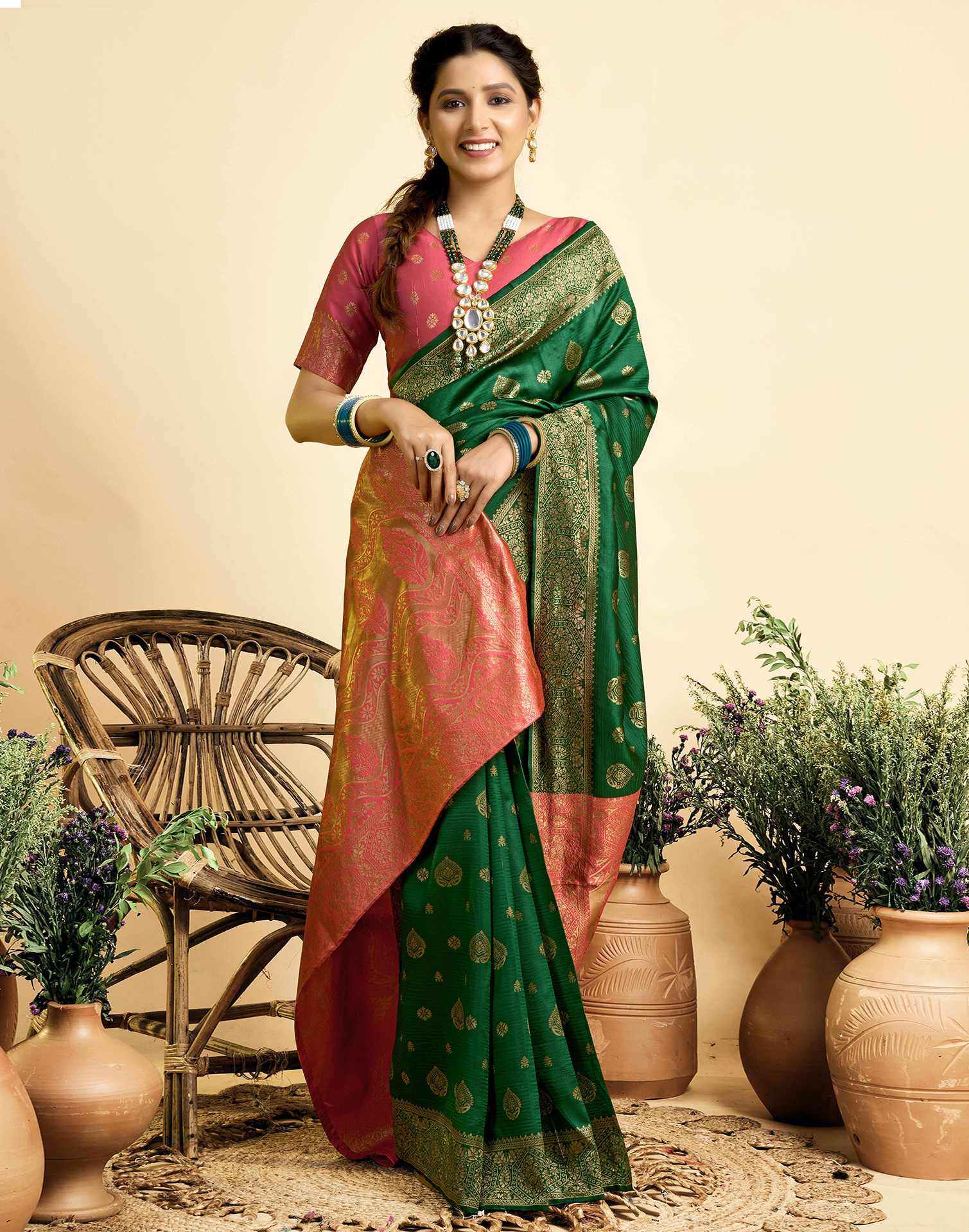 Dark Green Silk Woven Banarasi Saree