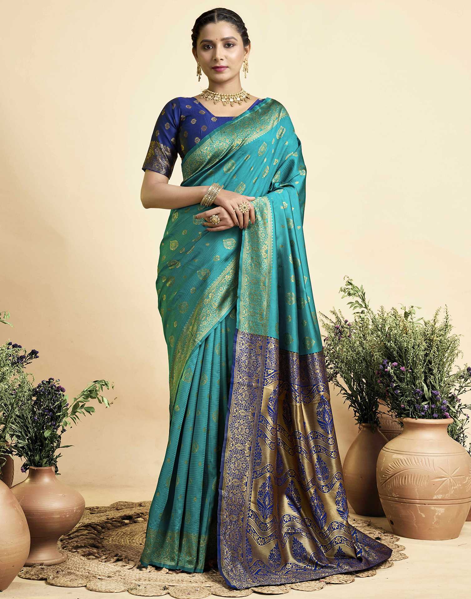 Teal Green Silk Woven Banarasi Saree
