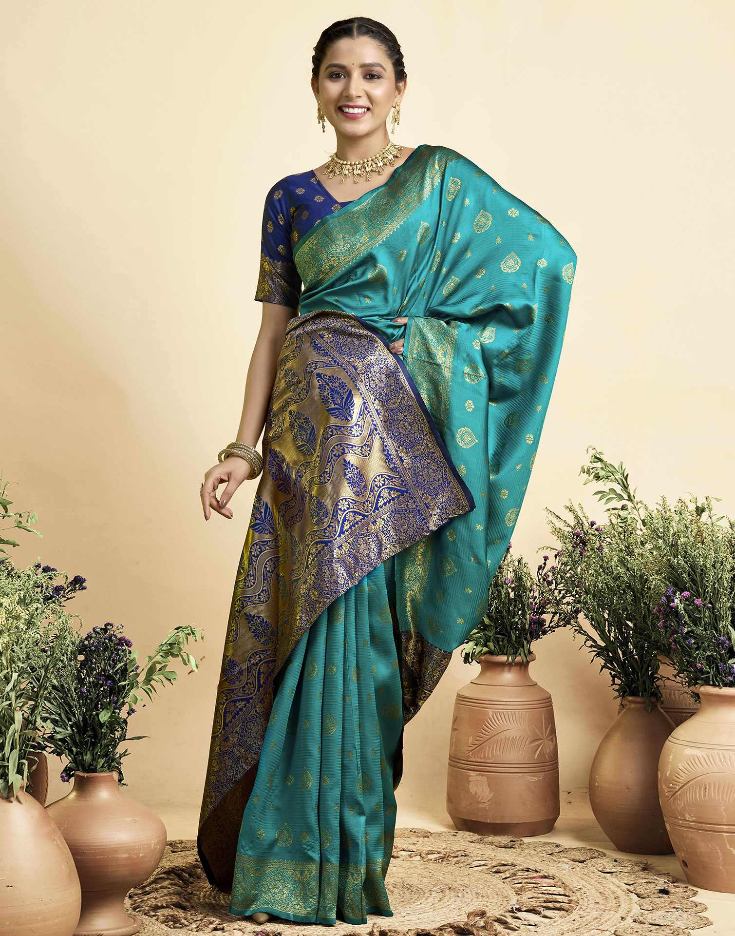Teal Green Silk Woven Banarasi Saree