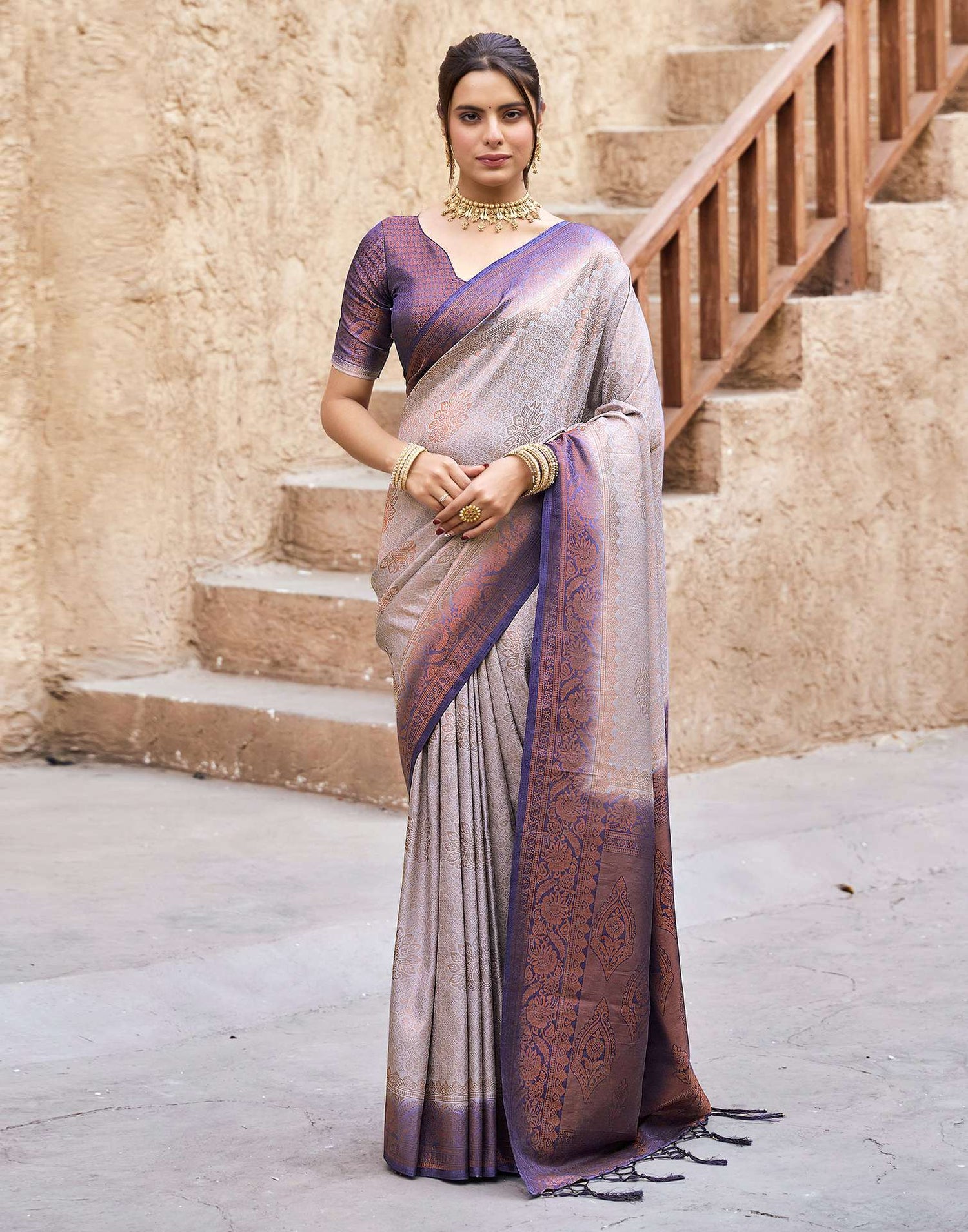 Dark Purple Silk Woven Kanjivaram Saree