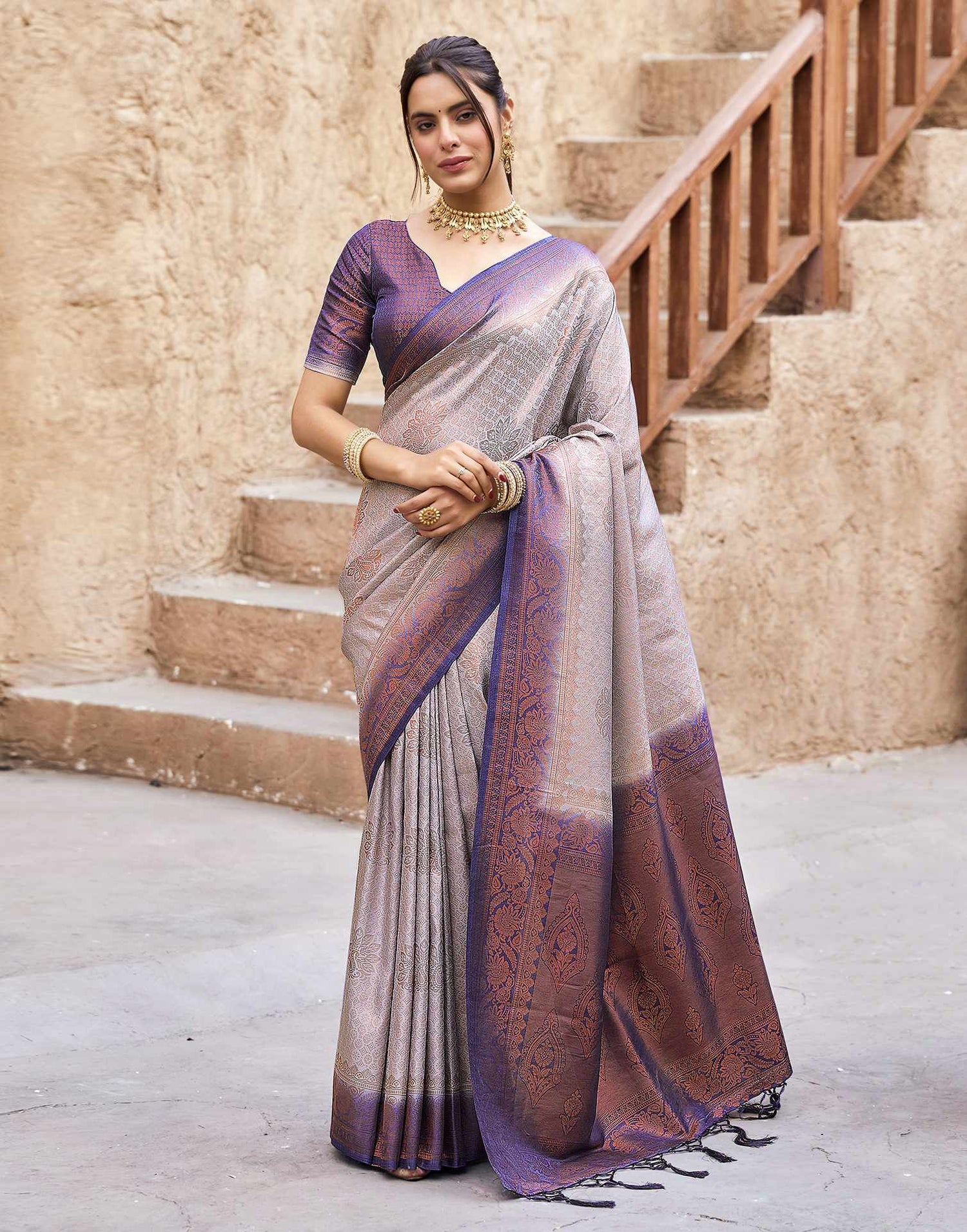 Dark Purple Silk Woven Kanjivaram Saree
