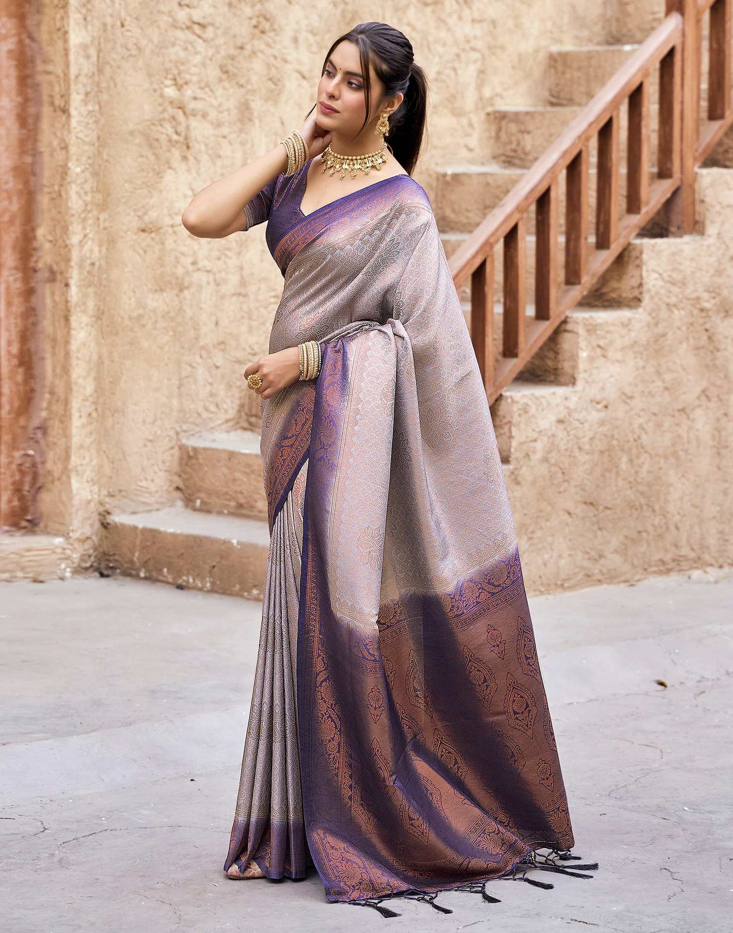 Dark Purple Silk Woven Kanjivaram Saree