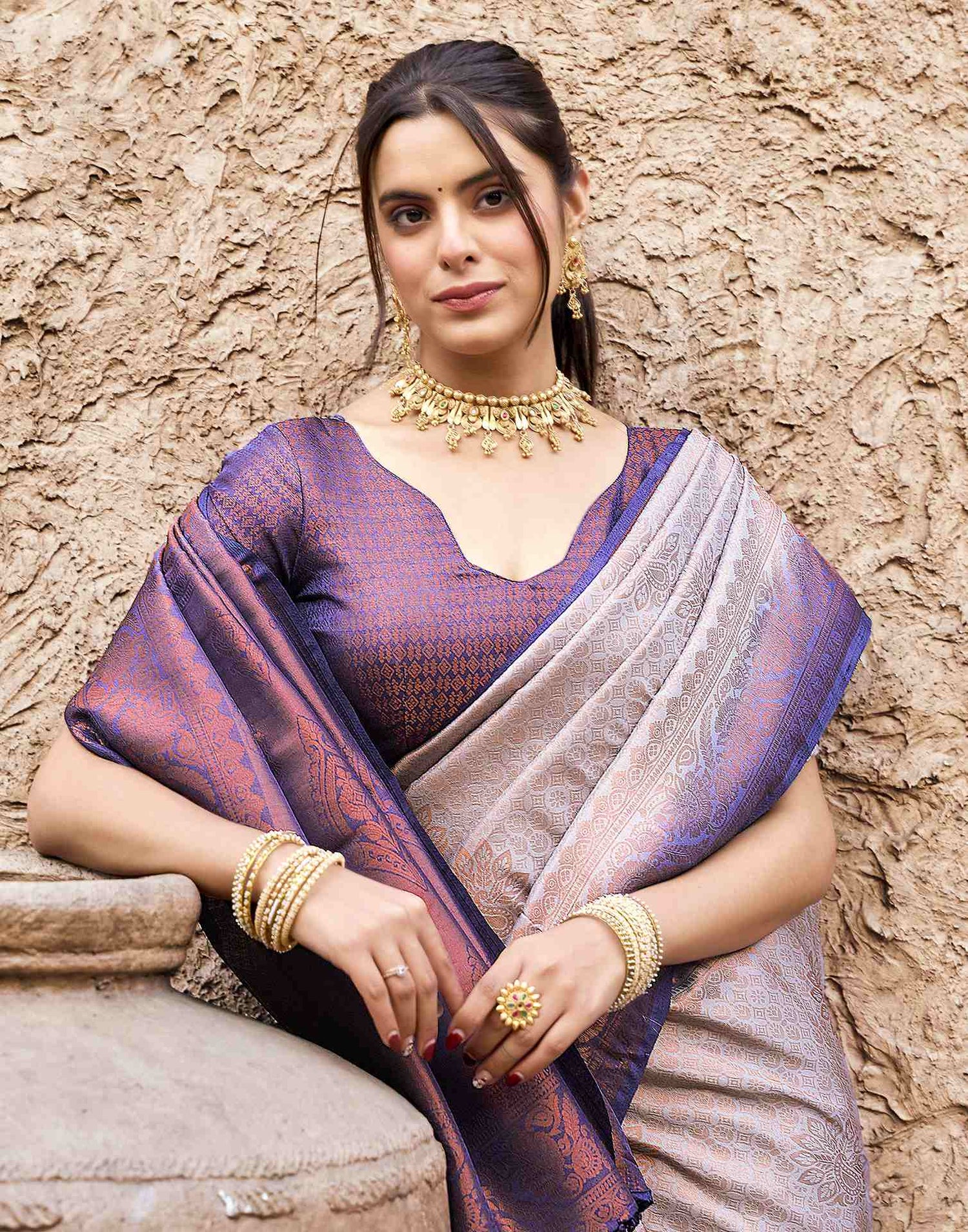 Dark Purple Silk Woven Kanjivaram Saree
