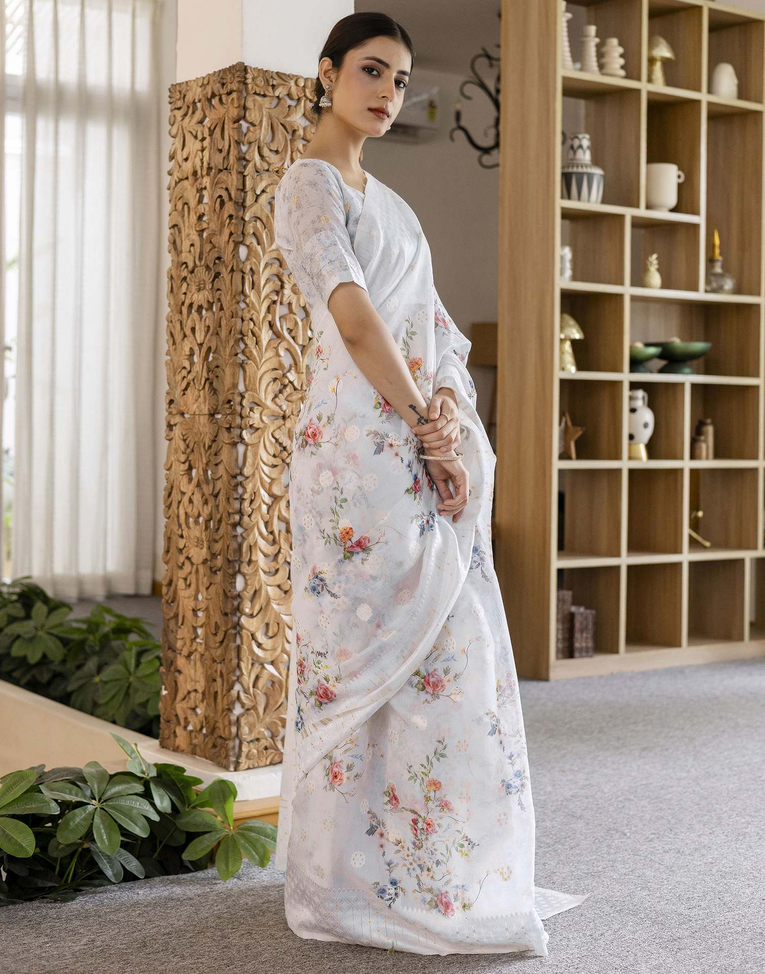 White Chanderi Floral Printed Saree