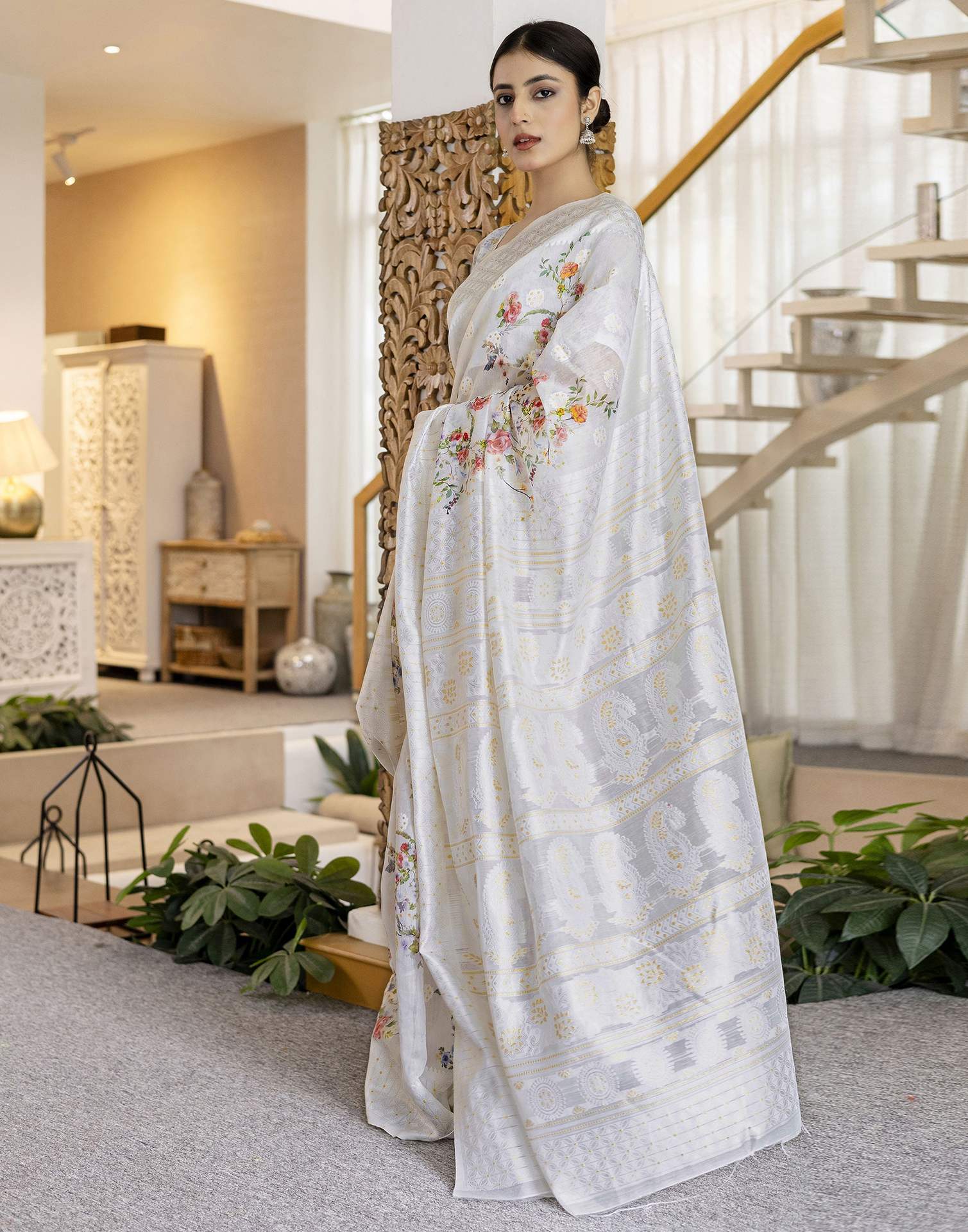 White Chanderi Floral Printed Saree