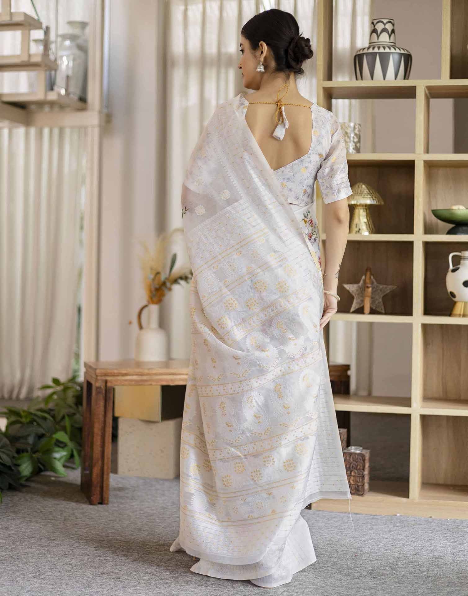 White Chanderi Floral Printed Saree