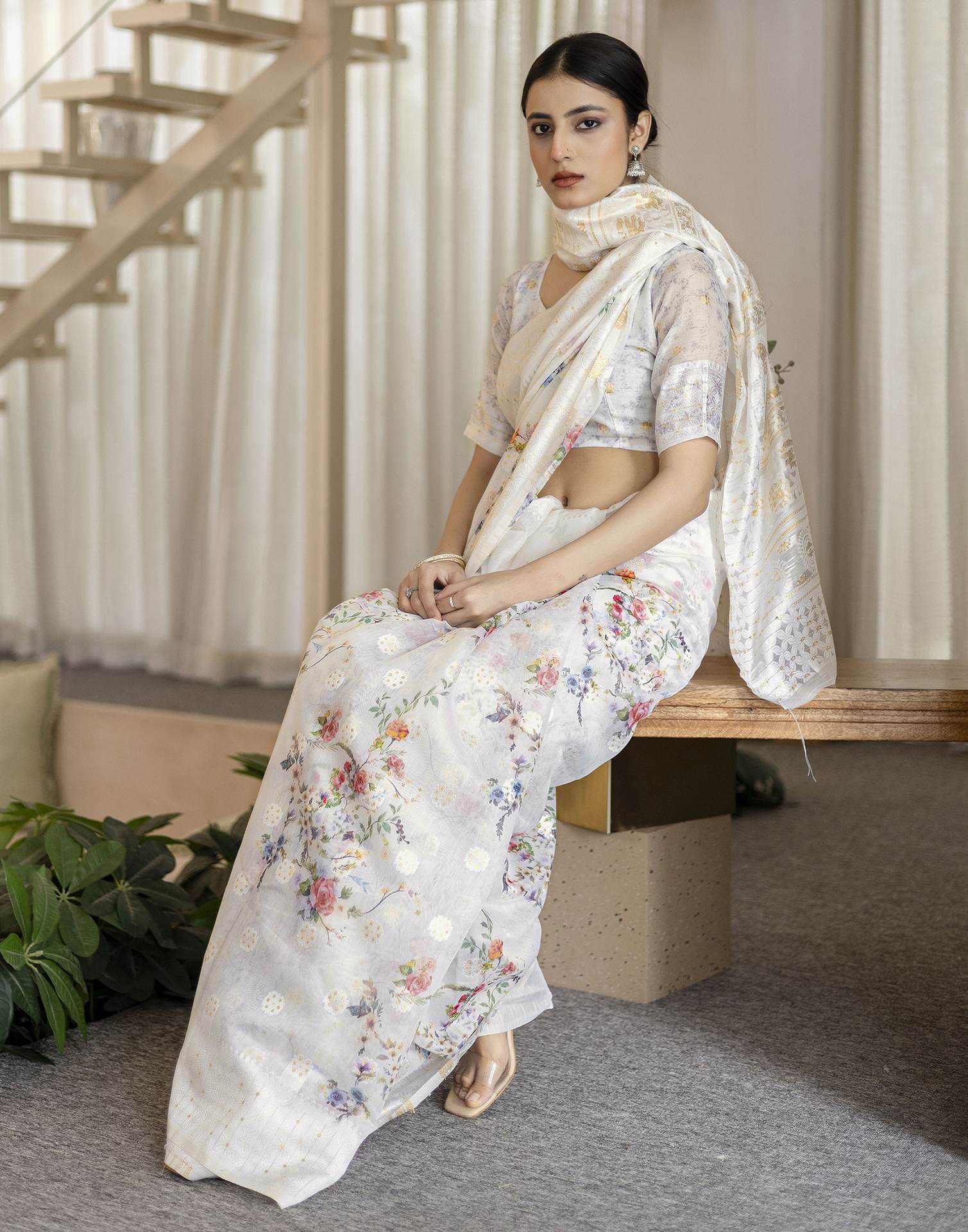 White Chanderi Floral Printed Saree