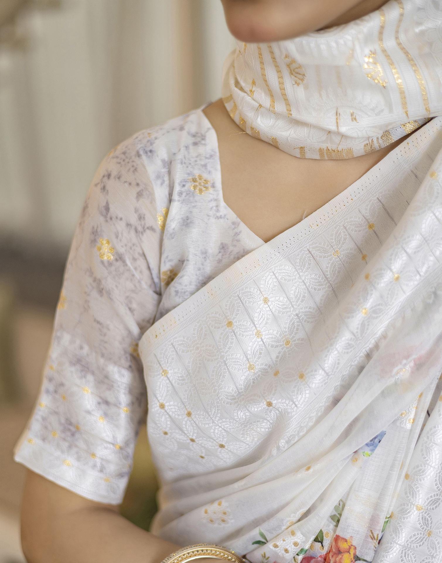 White Chanderi Floral Printed Saree