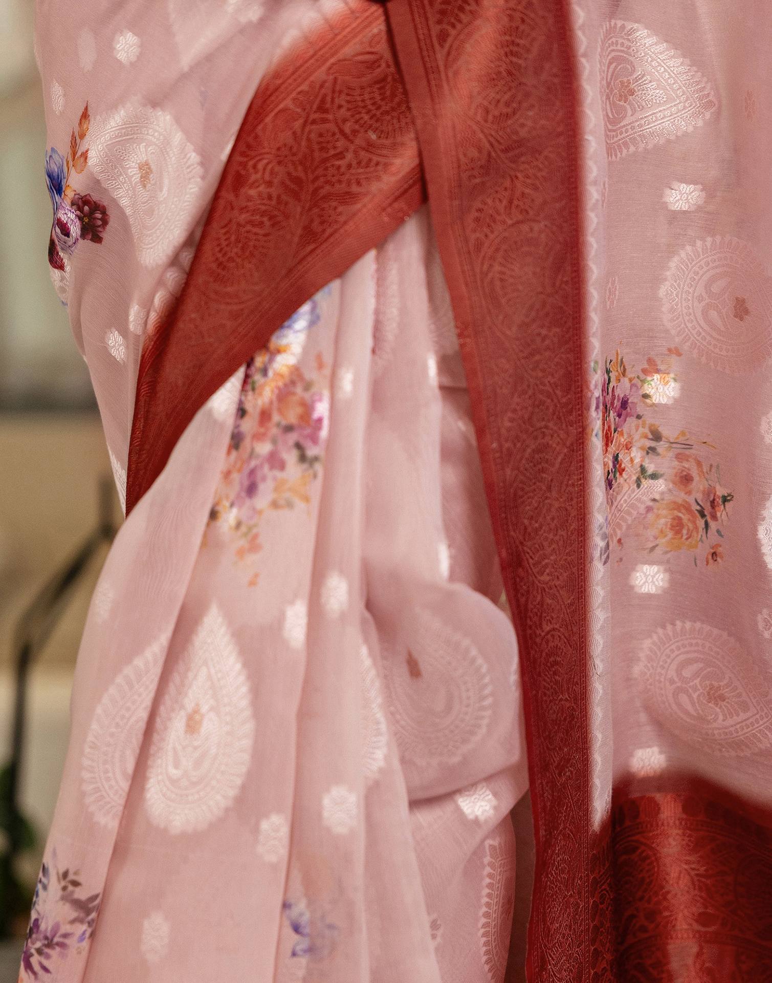 Light Pink Chanderi Floral Printed Saree