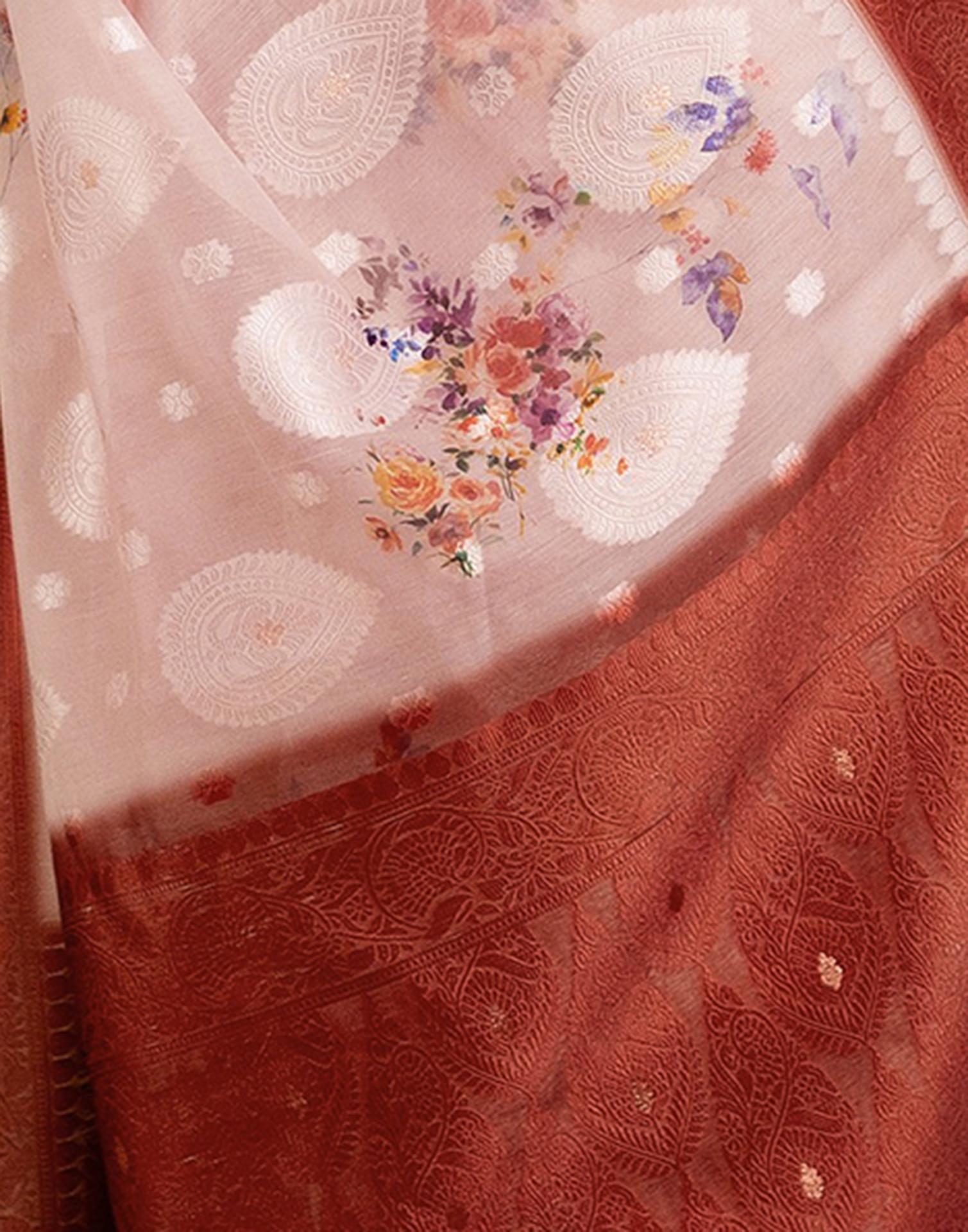 Light Pink Chanderi Floral Printed Saree