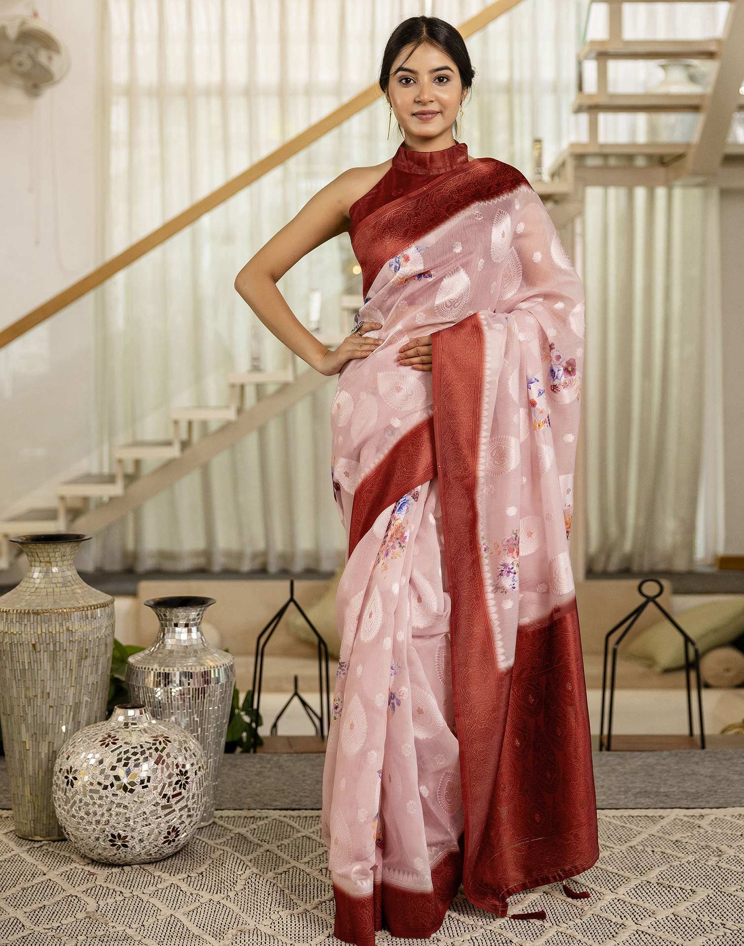 Light Pink Chanderi Floral Printed Saree