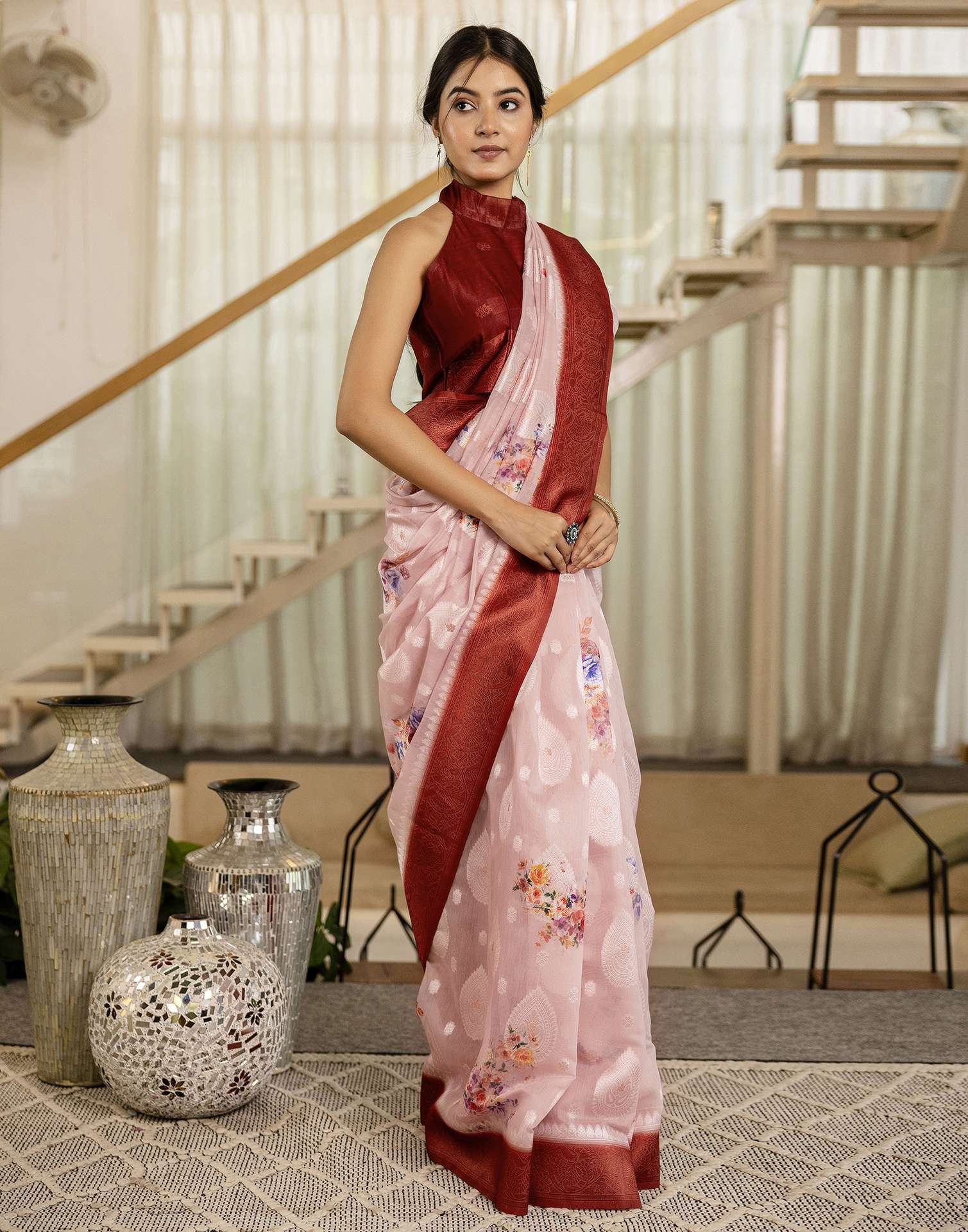 Light Pink Chanderi Floral Printed Saree