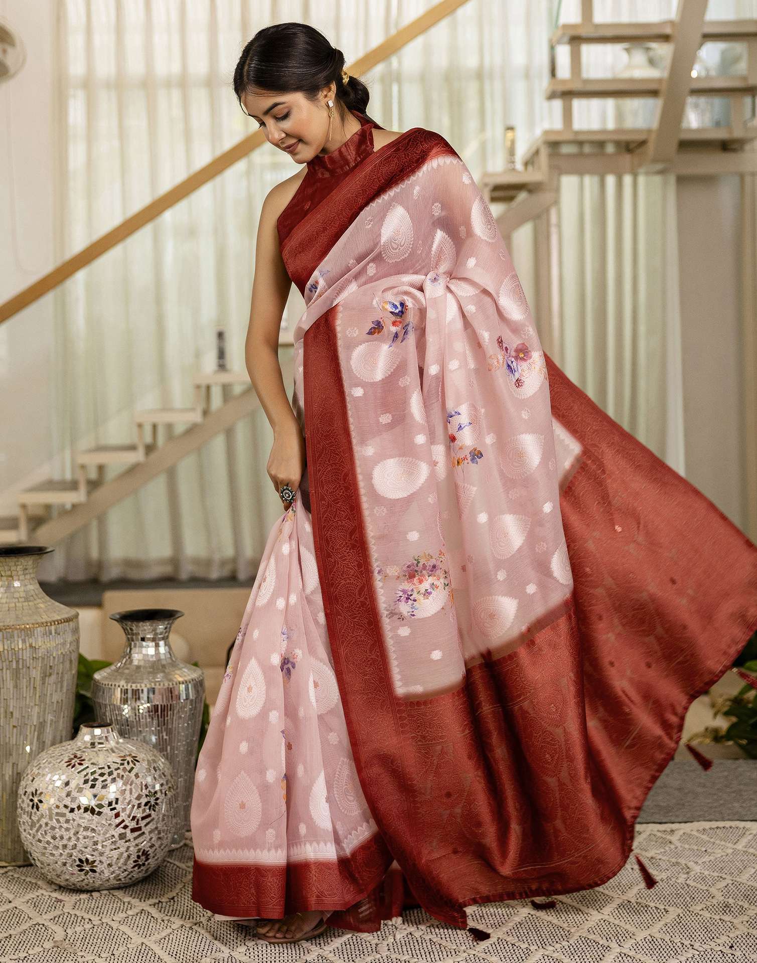 Light Pink Chanderi Floral Printed Saree