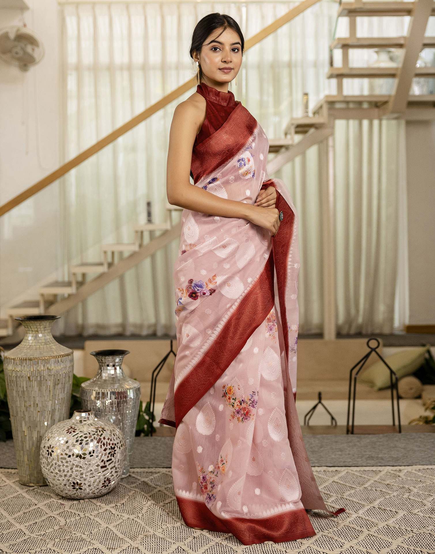 Light Pink Chanderi Floral Printed Saree