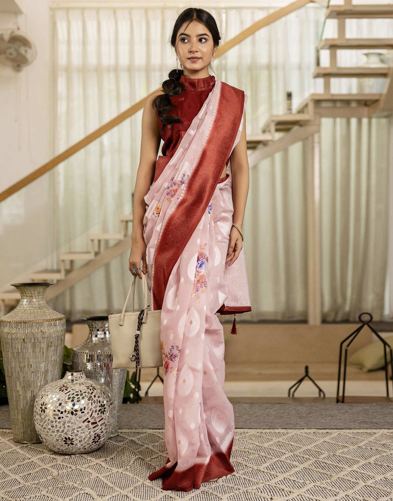 Light Pink Chanderi Floral Printed Saree