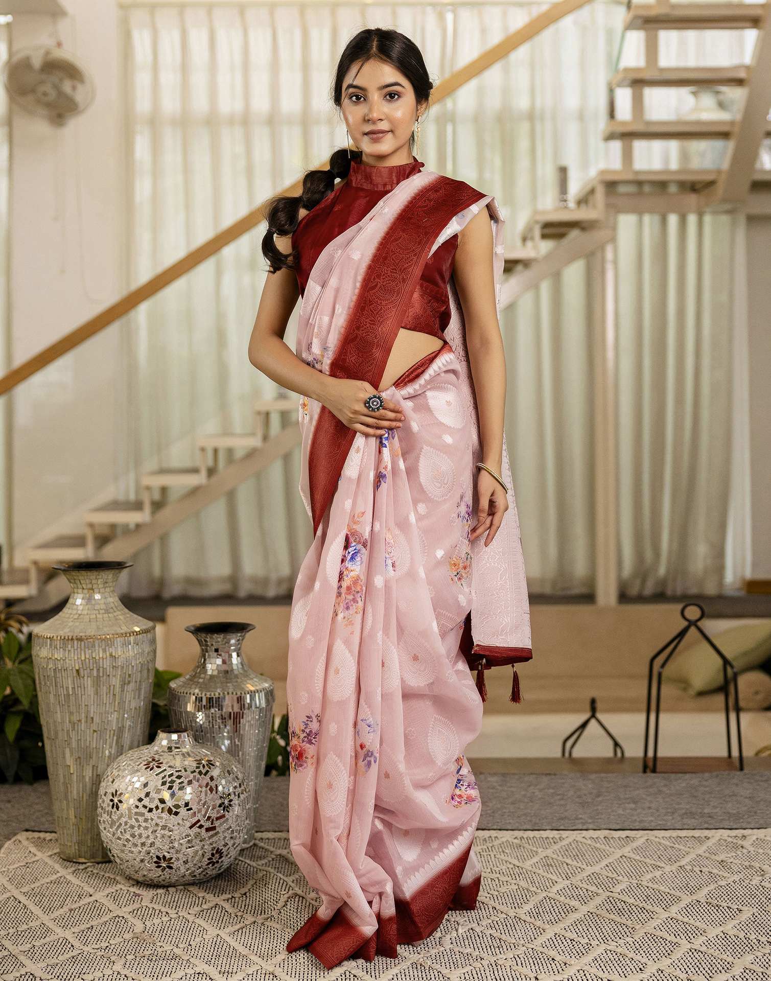 Light Pink Chanderi Floral Printed Saree