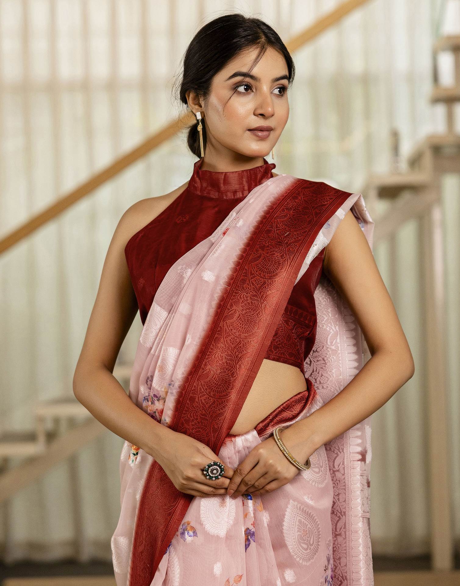 Light Pink Chanderi Floral Printed Saree