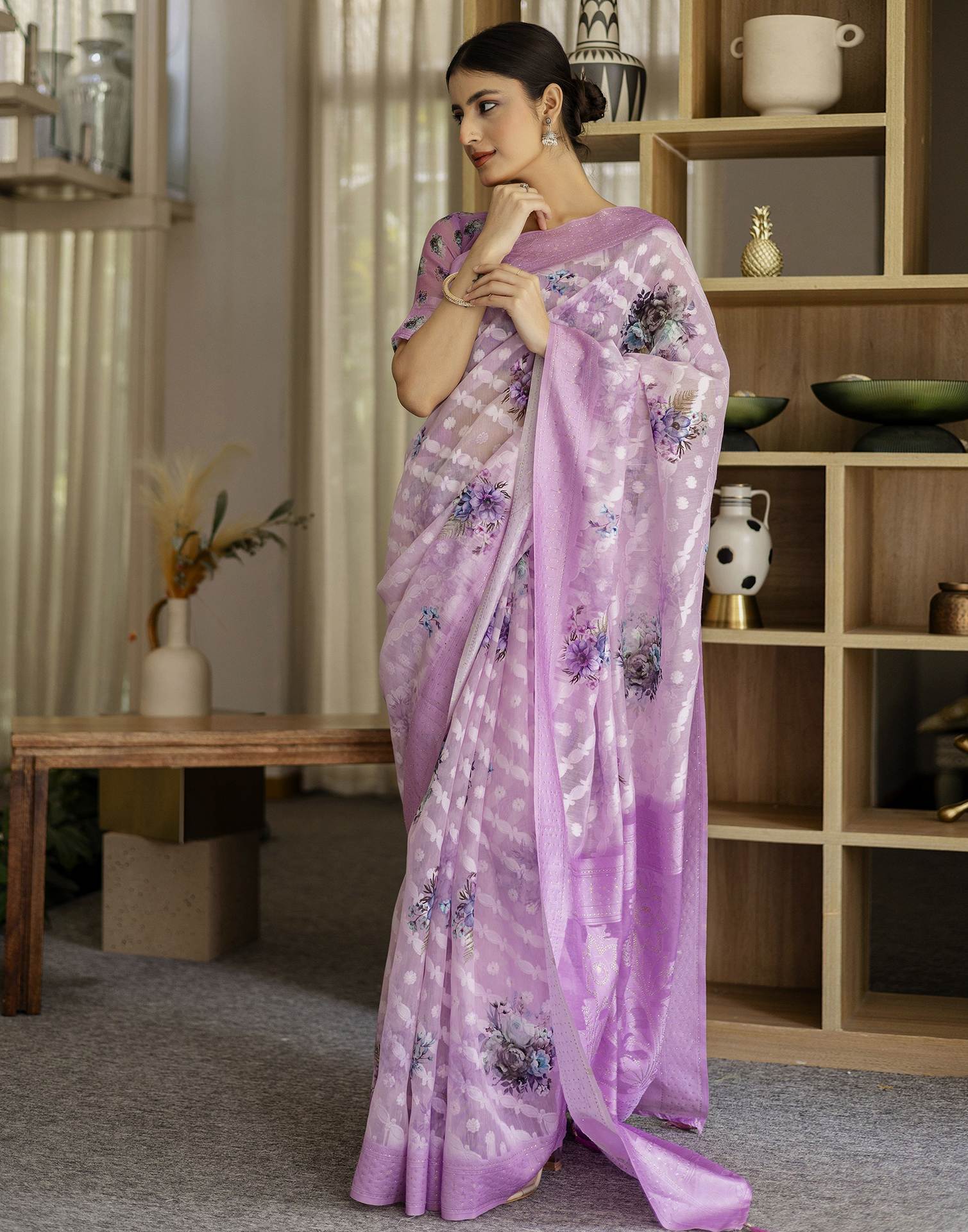 Light PurPle Chanderi Floral Printed Saree