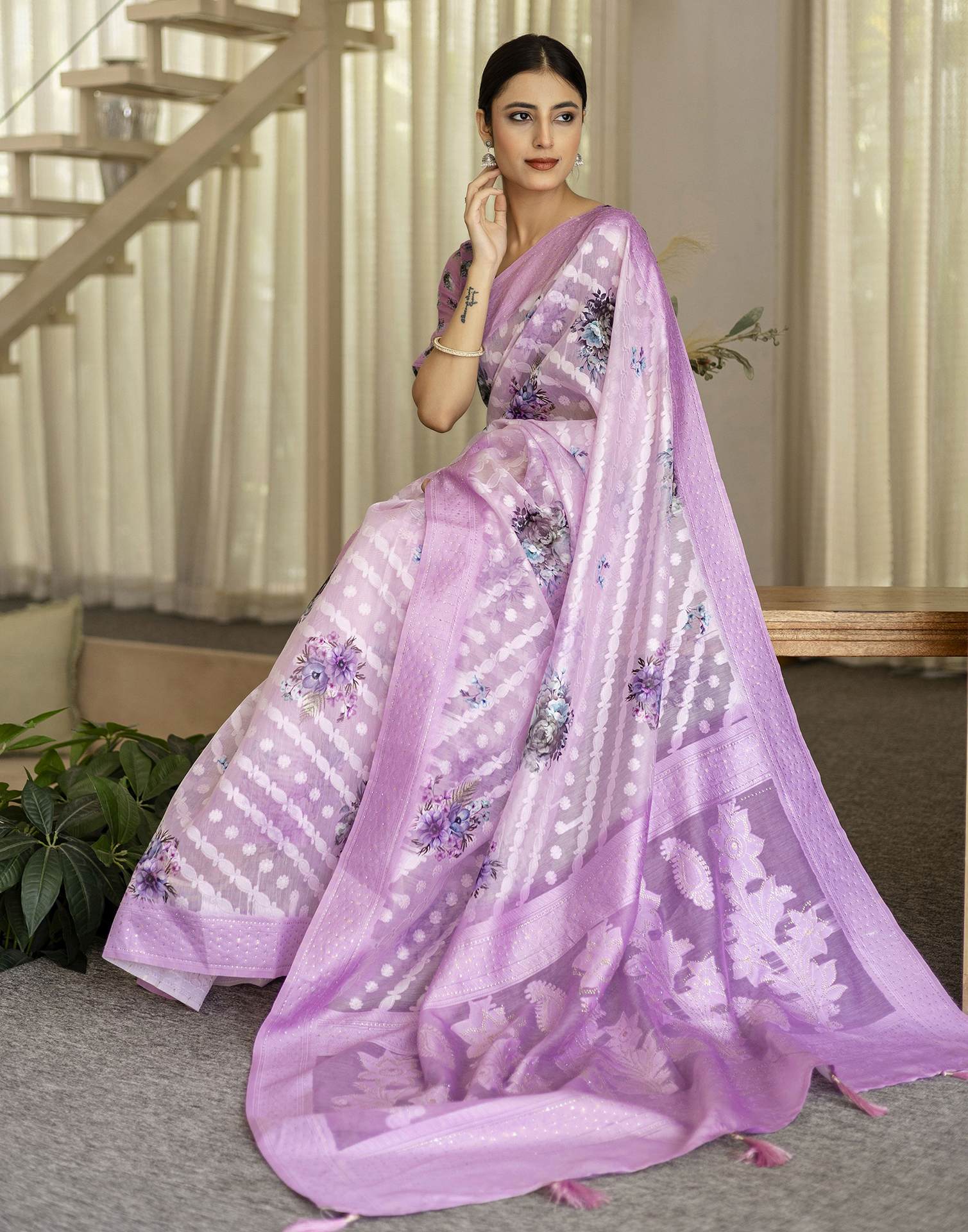 Light PurPle Chanderi Floral Printed Saree