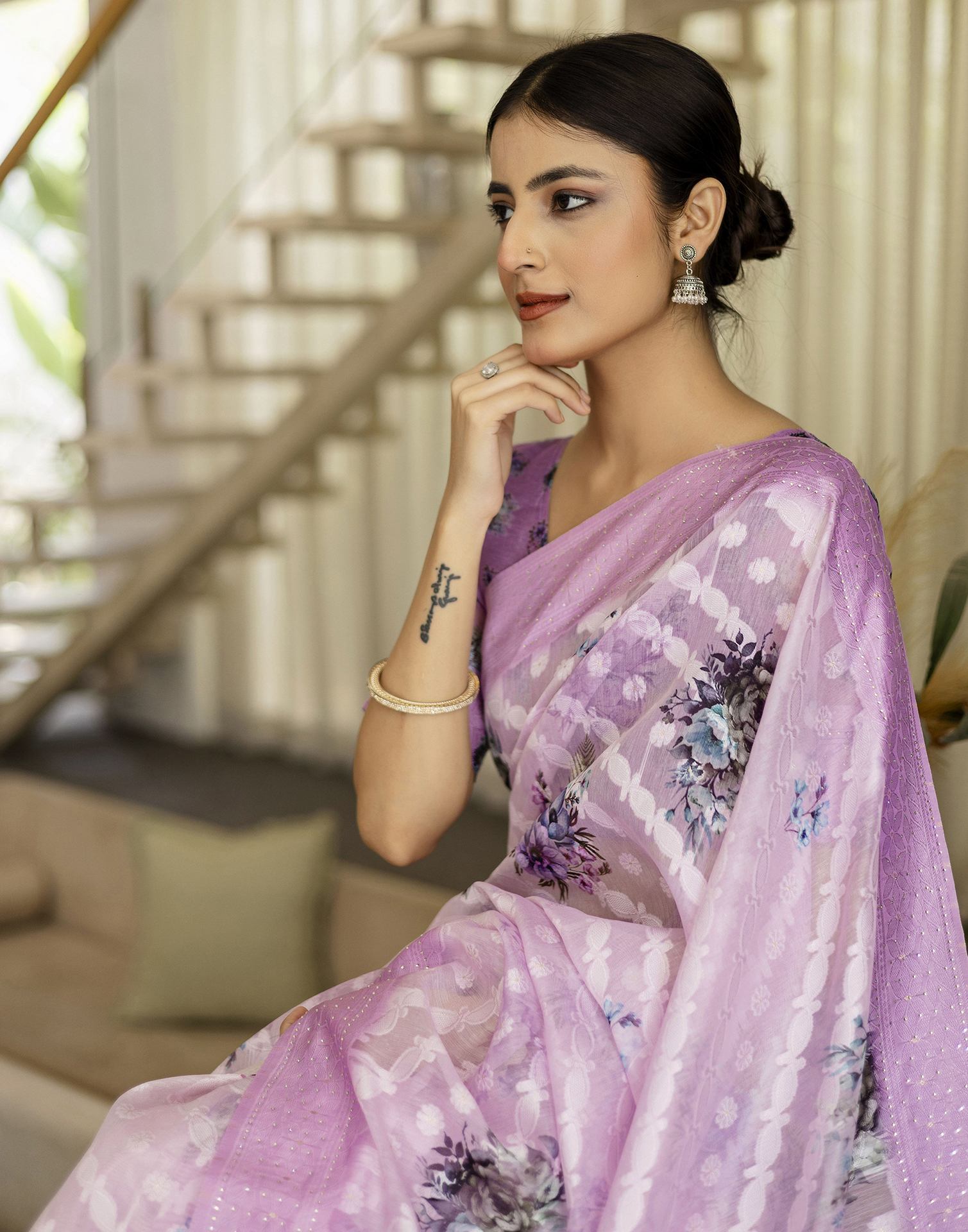 Light PurPle Chanderi Floral Printed Saree