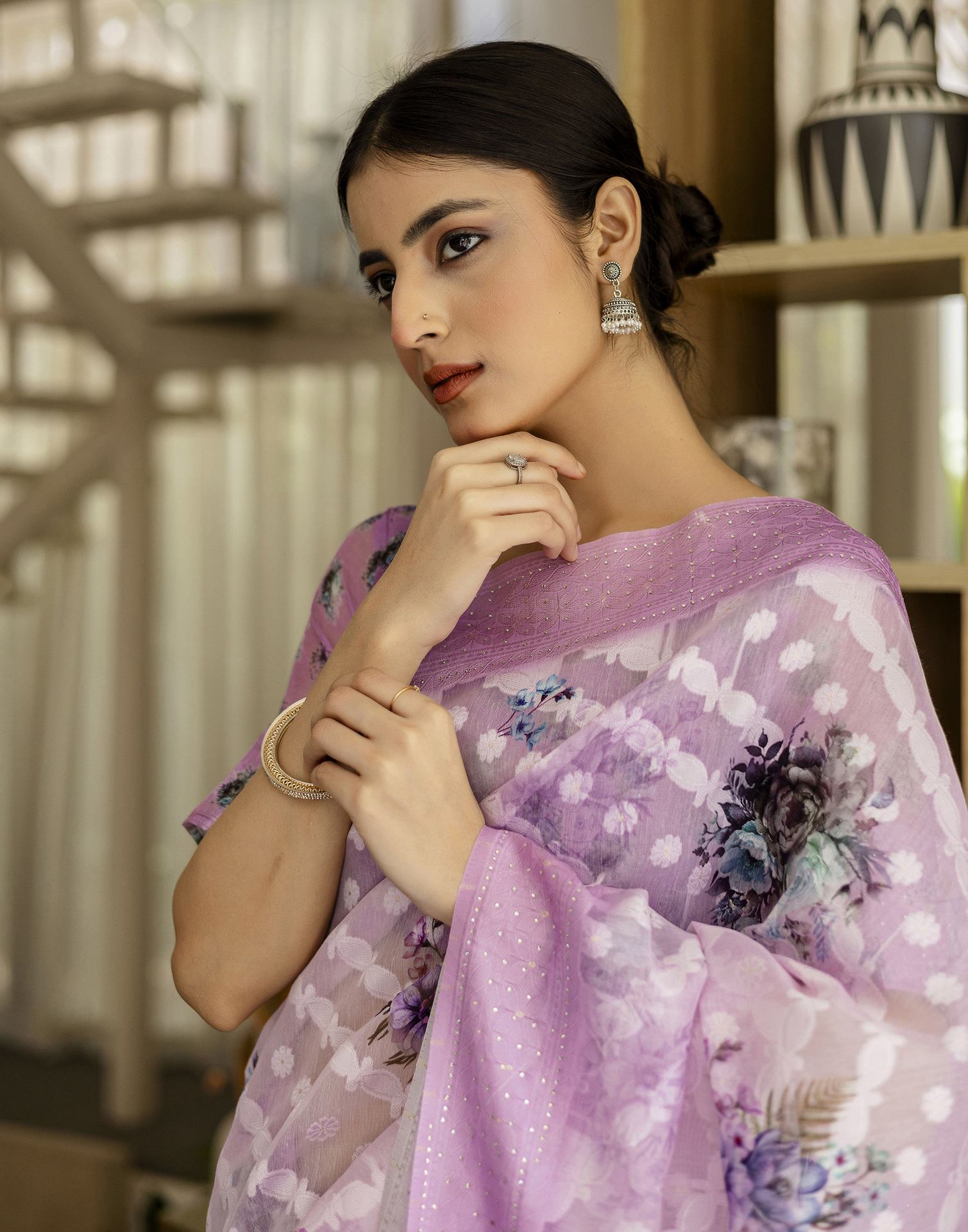 Light PurPle Chanderi Floral Printed Saree