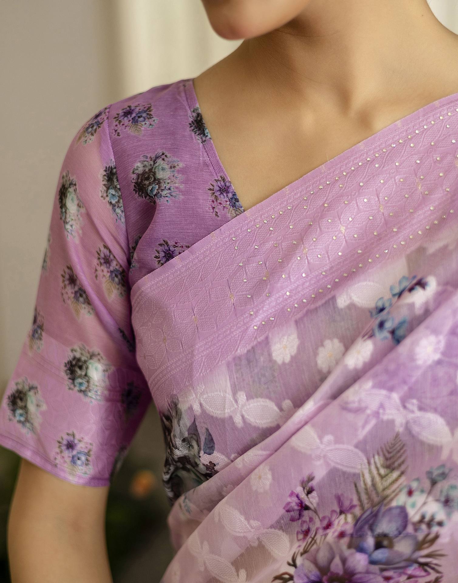 Light PurPle Chanderi Floral Printed Saree