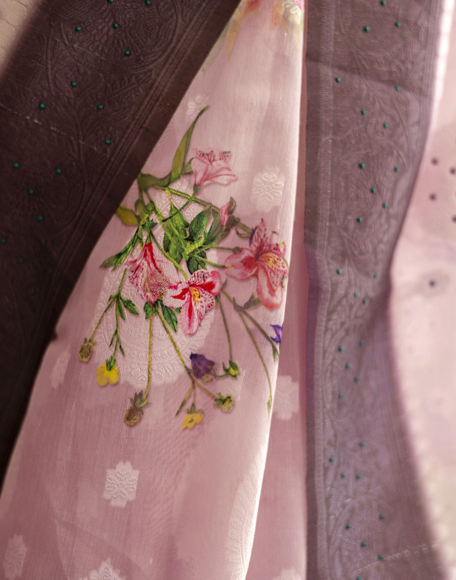 Baby Pink Chanderi Floral Printed Saree