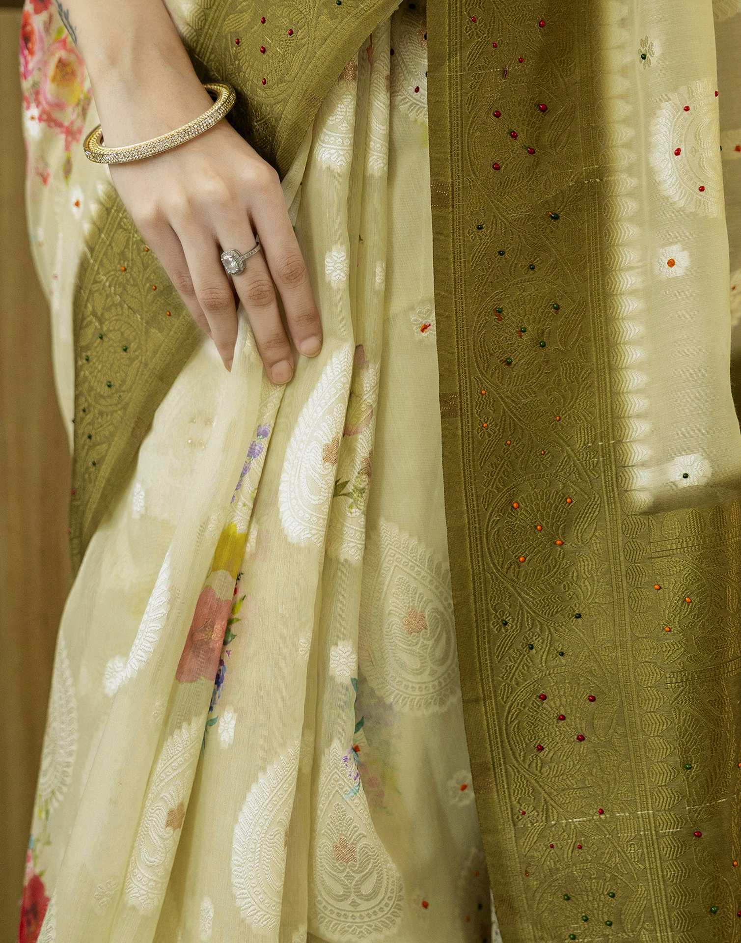 Light Pista Green Chanderi Floral Printed Saree